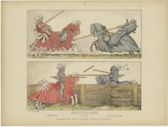 Antique German Jousting Knights Plate c.1500, Hand-Colored Print, Published 1880