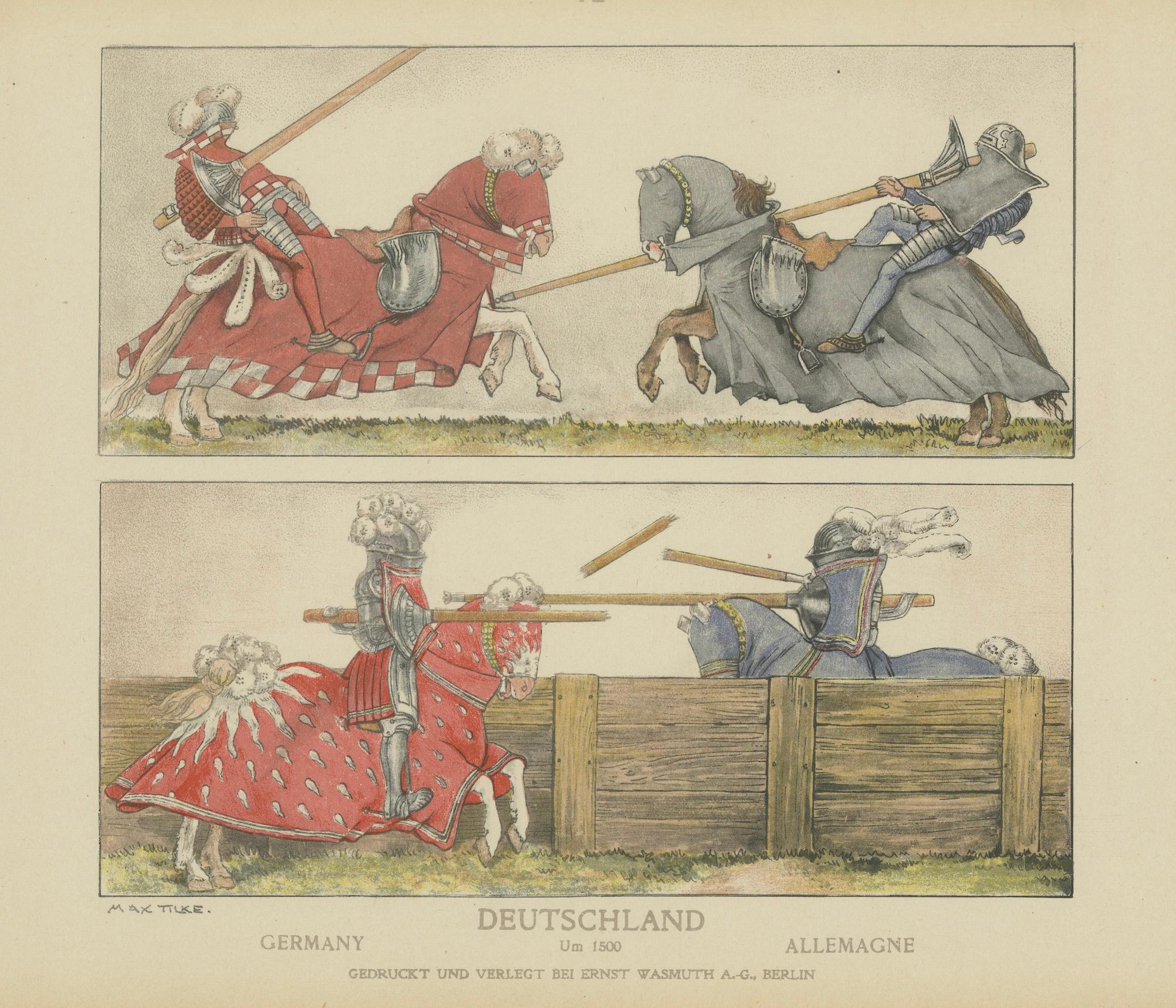 Antique German Jousting Knights Plate c.1500, Hand-Colored Print, Published 1880