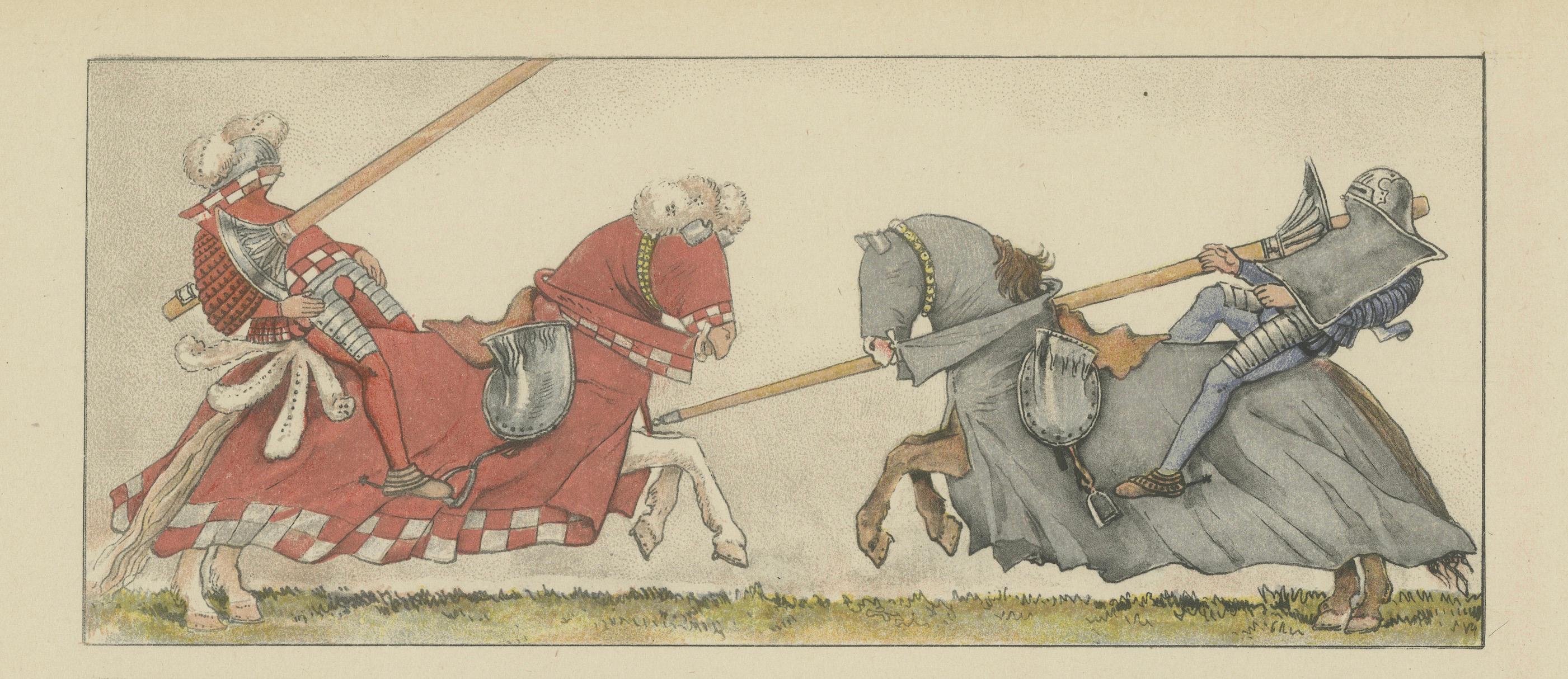 Antique German Jousting Knights Plate c.1500, Hand-Colored Print, Published 1880