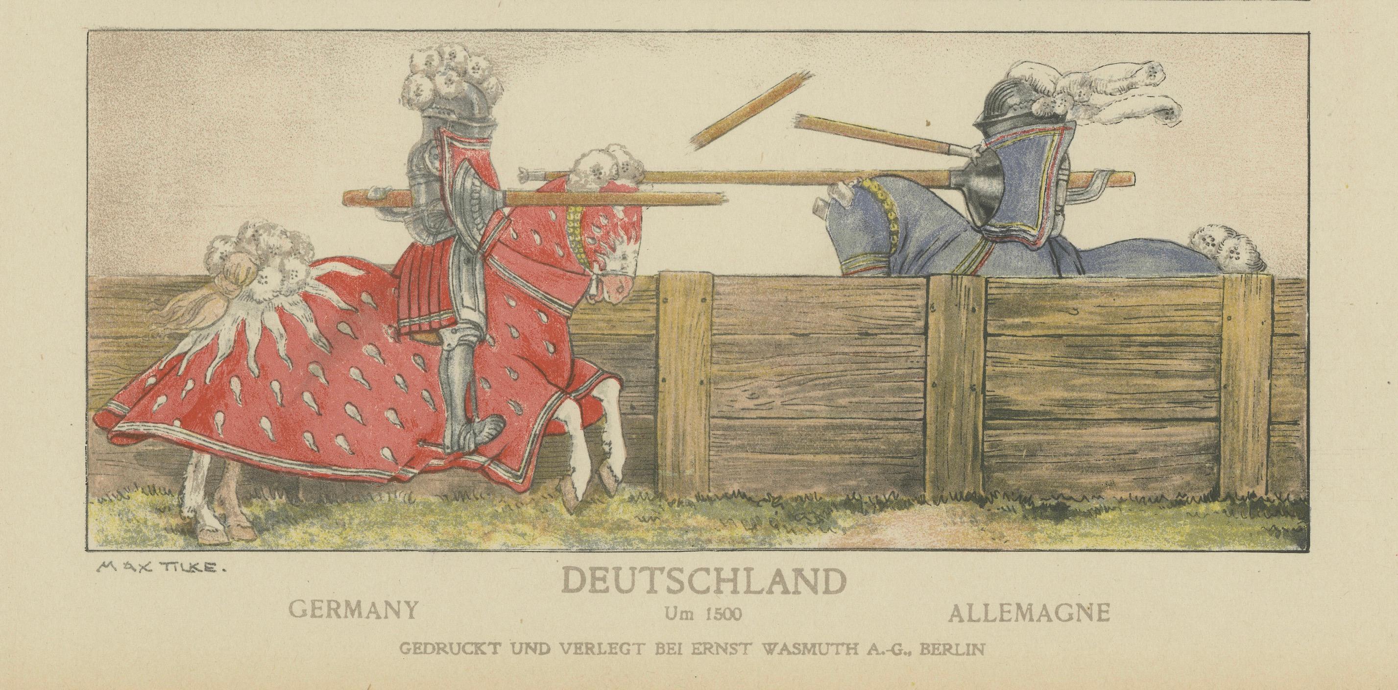 Antique German Jousting Knights Plate c.1500, Hand-Colored Print, Published 1880