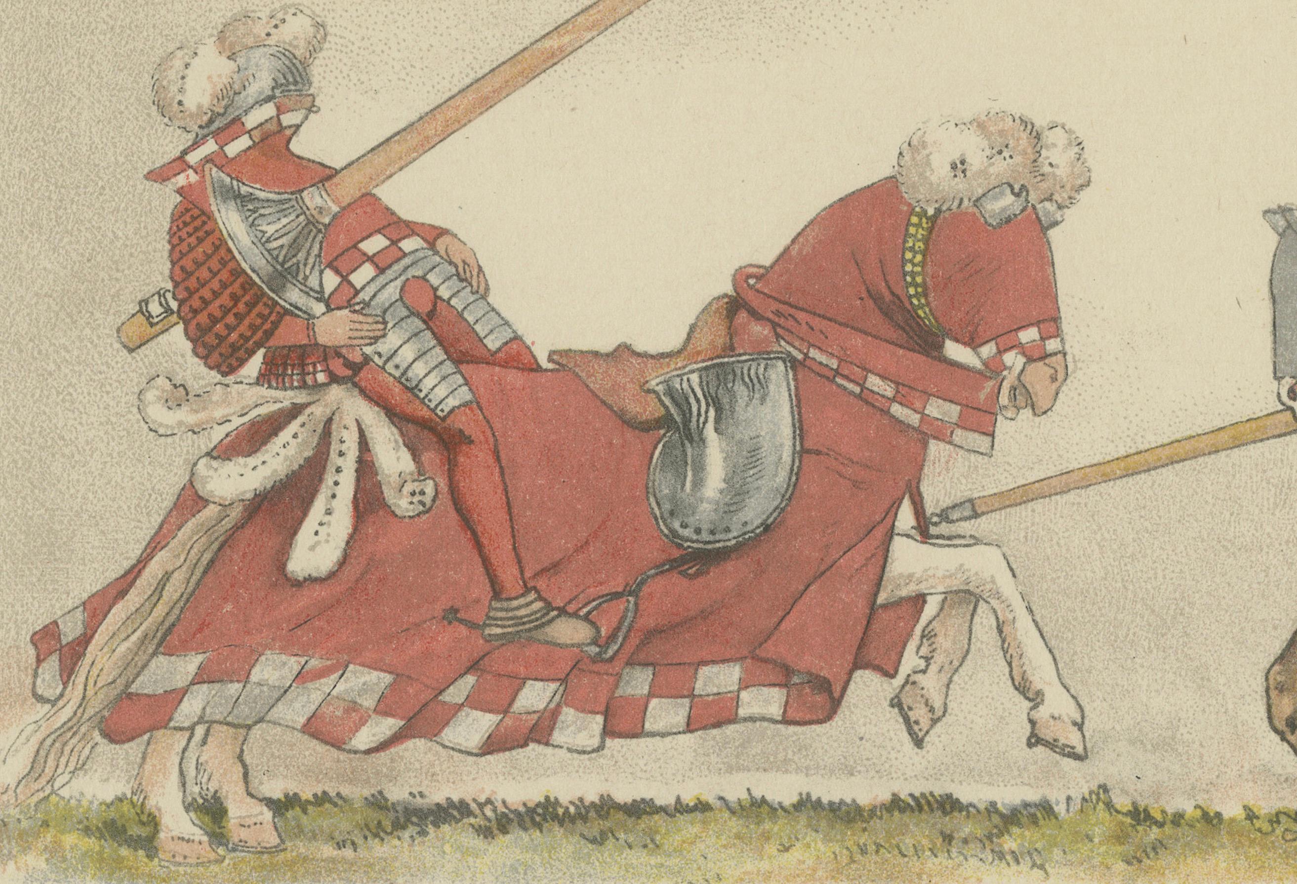 Antique German Jousting Knights Plate c.1500, Hand-Colored Print, Published 1880