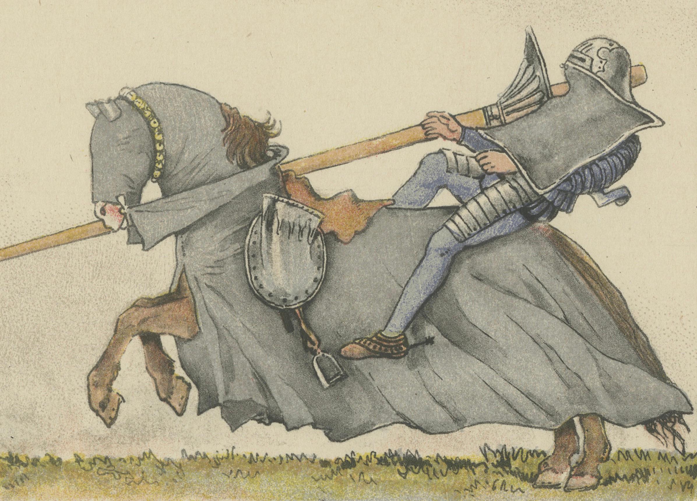 Antique German Jousting Knights Plate c.1500, Hand-Colored Print, Published 1880