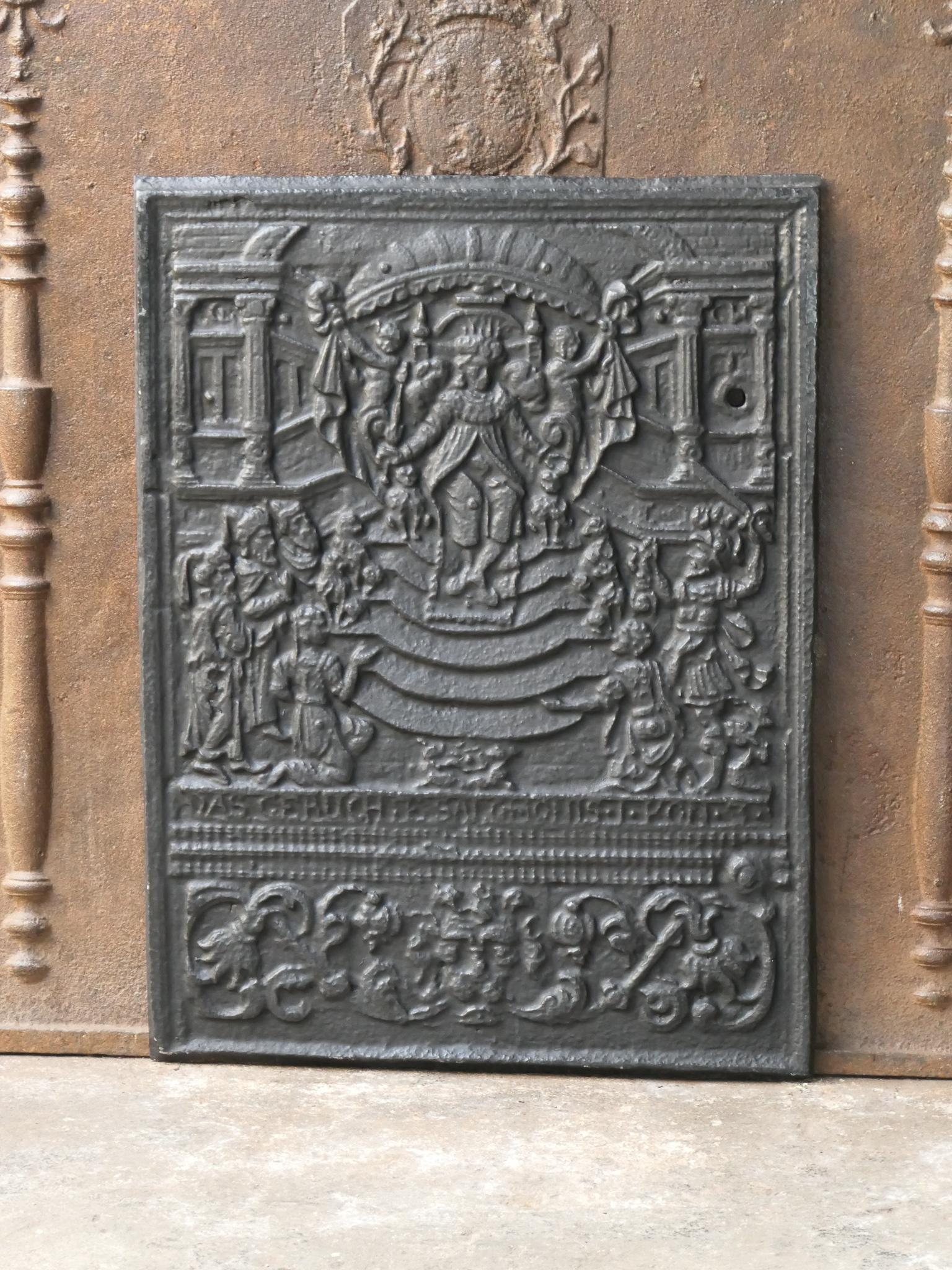17th century German Louis XIV period fireback with a Judgement of Solomon. A Solomon Judgment is in most cases a judgment in which none of the opposing parties have an advantage in the ruling. It is a righteous judgment in a difficult dispute that