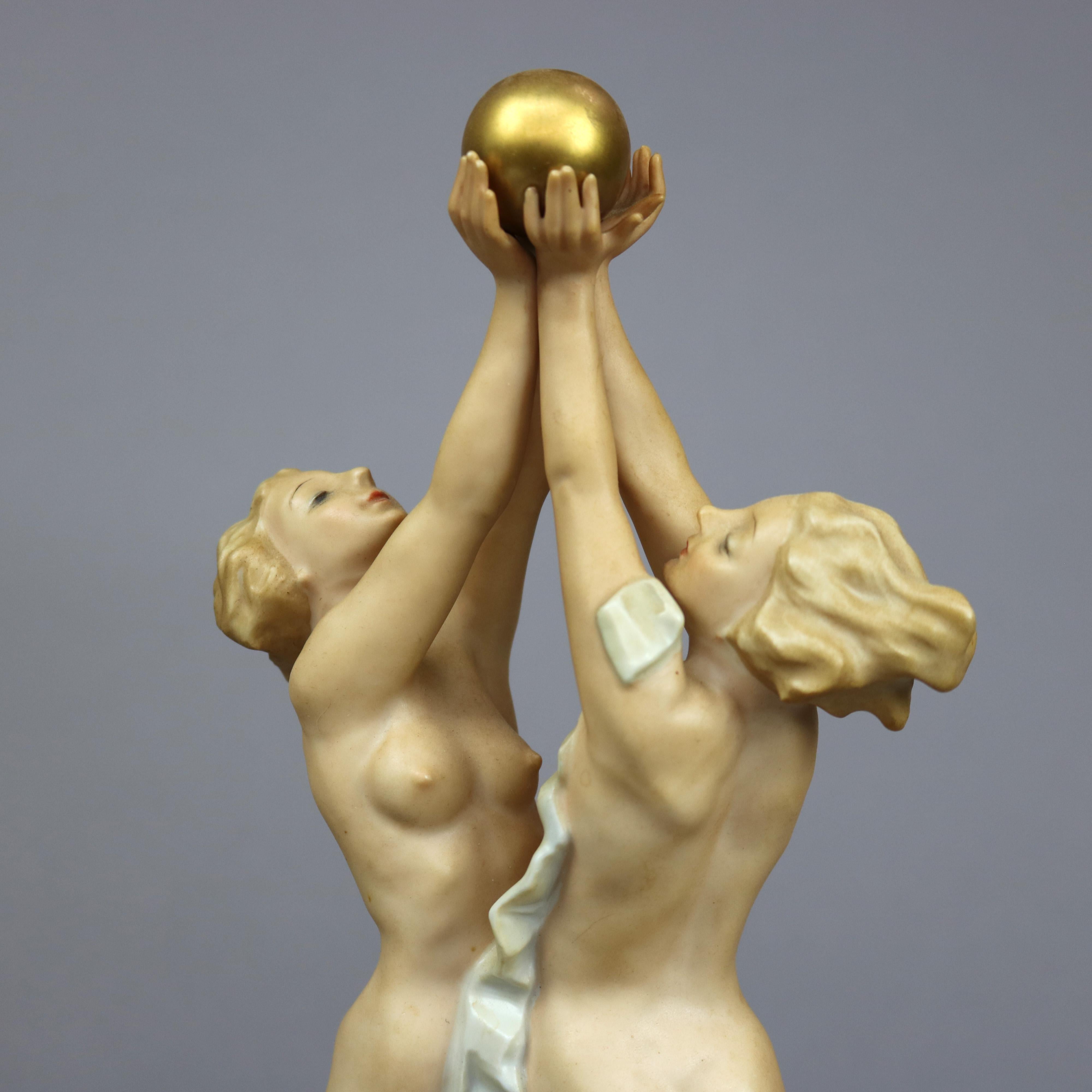 Glazed Antique German K. Tutter, Hutschenreuther Porcelain Figure, Nymphs & Ball, c1900