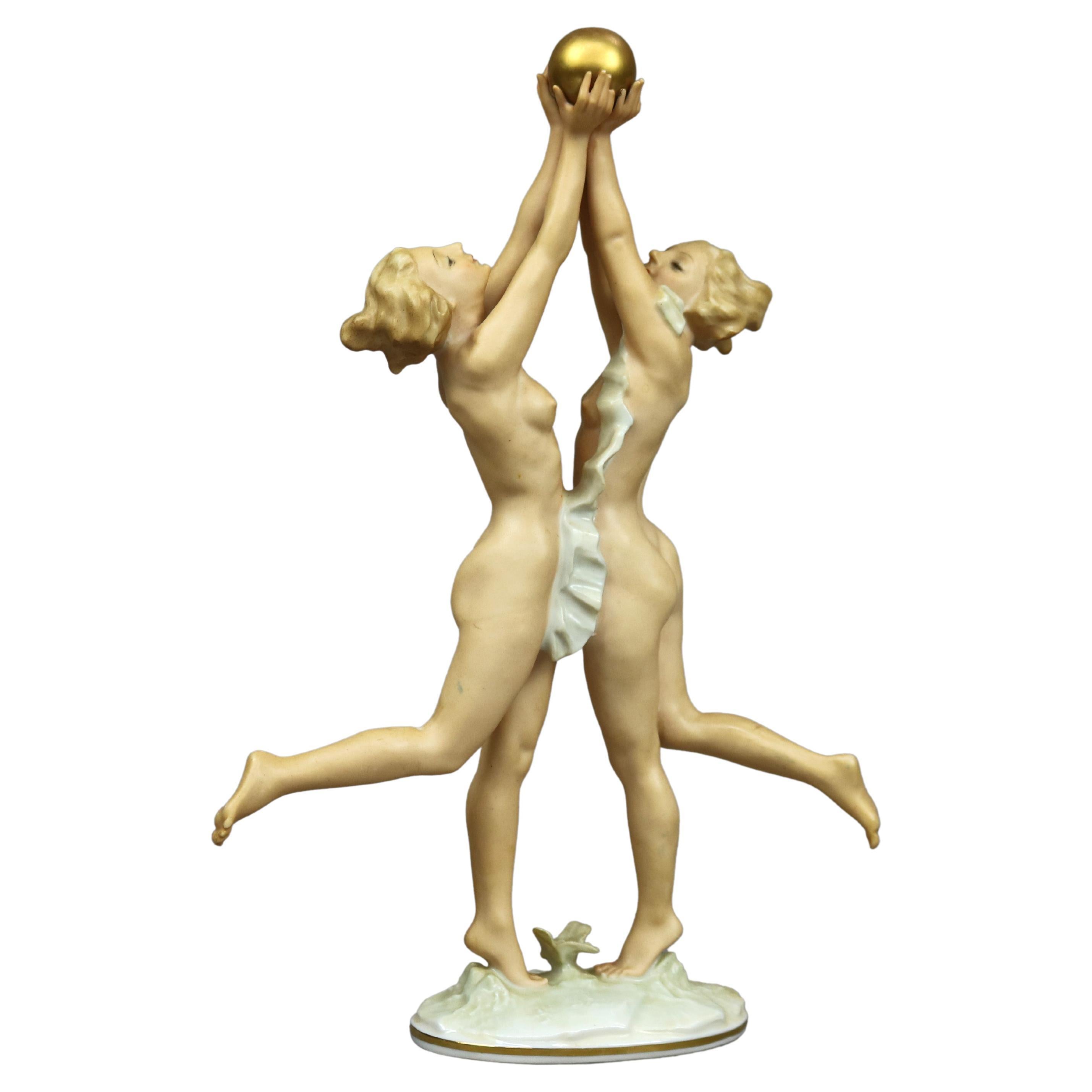 Antique German K. Tutter, Hutschenreuther Porcelain Figure, Nymphs & Ball, c1900