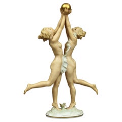 Antique German K. Tutter, Hutschenreuther Porcelain Figure, Nymphs & Ball, c1900
