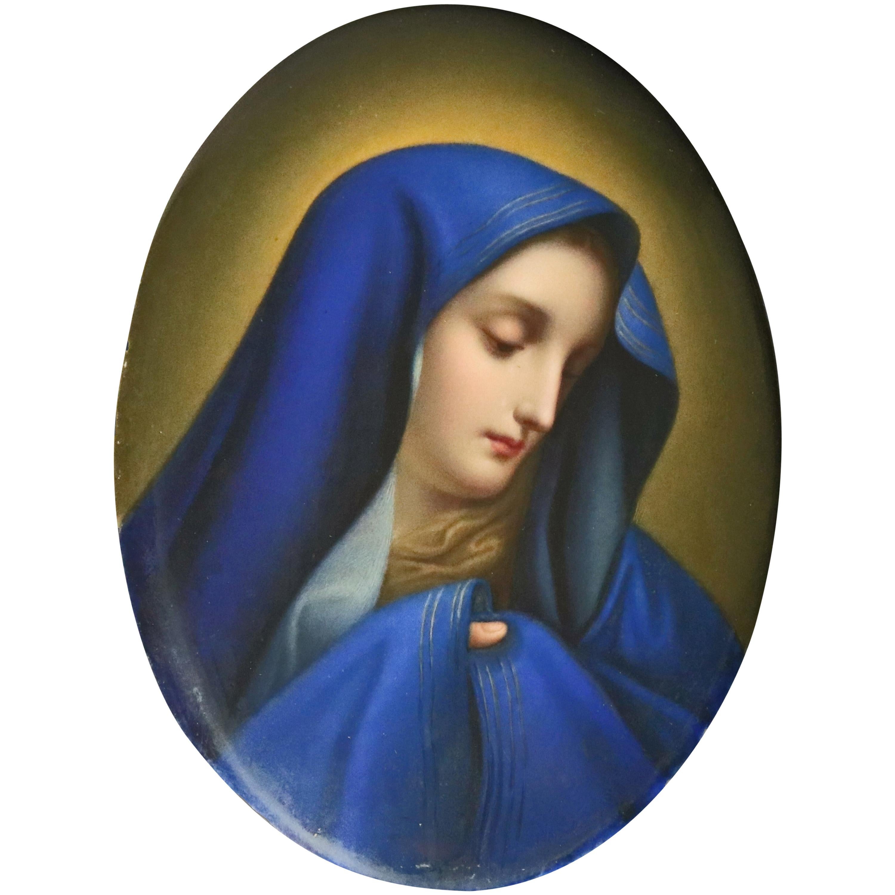 Antique German KPM Hand Painted Porcelain Portrait Plaque of Mother Mary