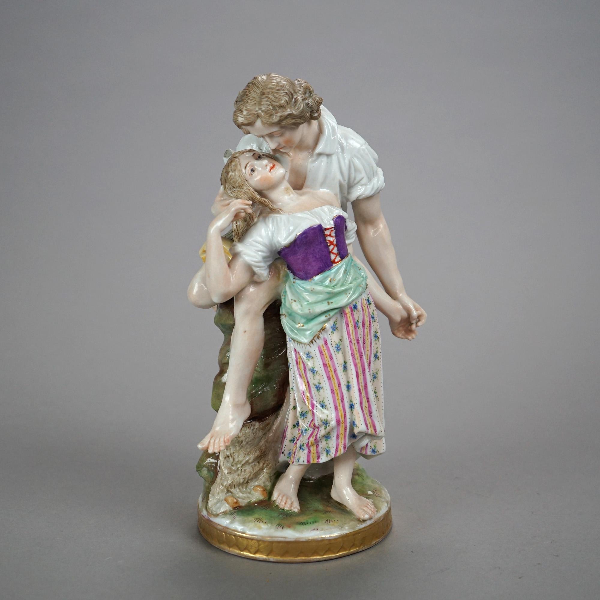 An antique German figural grouping by Königliche Porzellan-Manufaktur (KPM) of Berlin, Germany offers porcelain construction with hand painted courting couple in countryside setting, maker marks on base as photographed, c1890

Measures- 9.5''H x