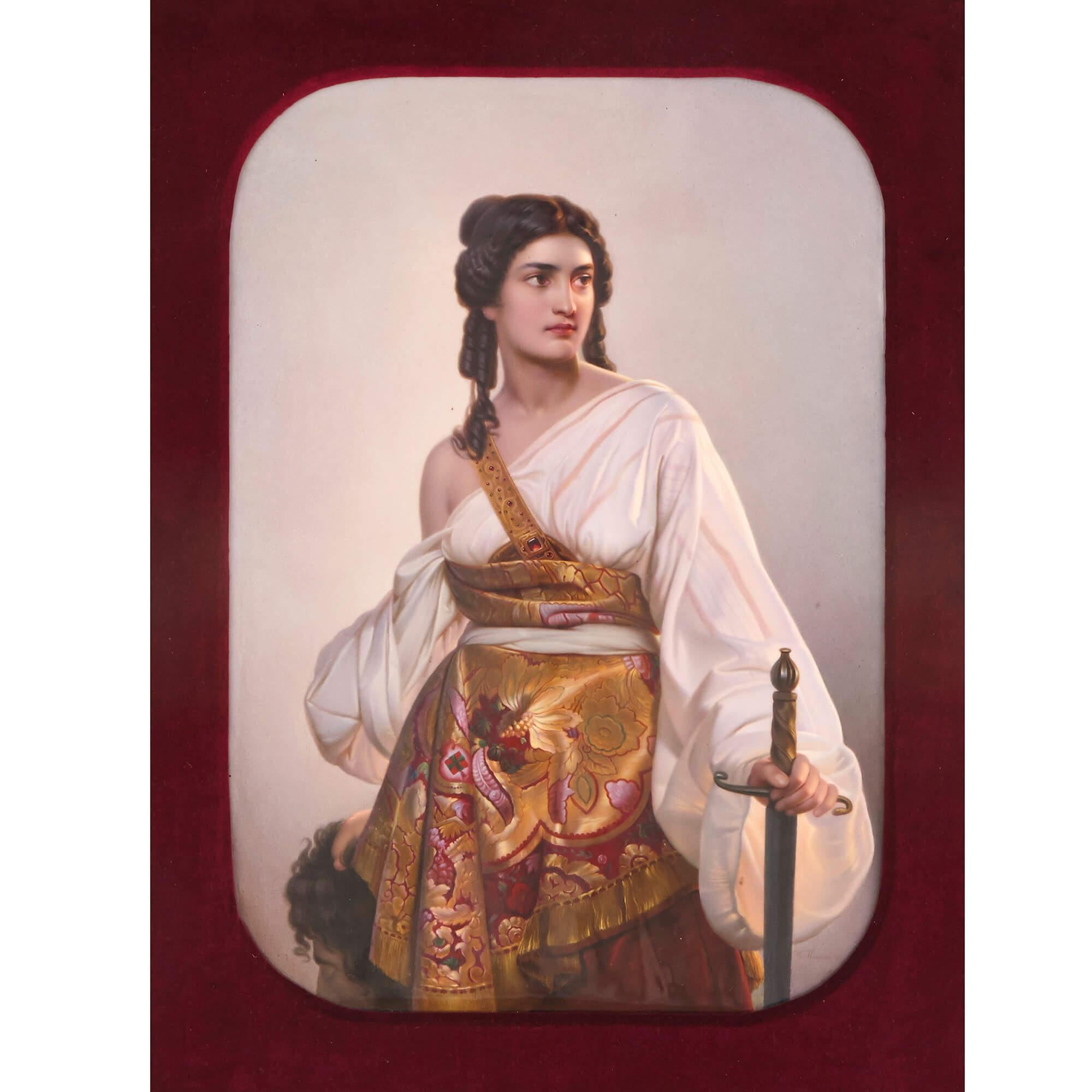 The image of Judith with the Head of Holofernes was a powerful source of inspiration for many of great European artists, and was captured superbly in August Riedel's masterpiece, after which this beautiful KPM porcelain plaque has been made. The