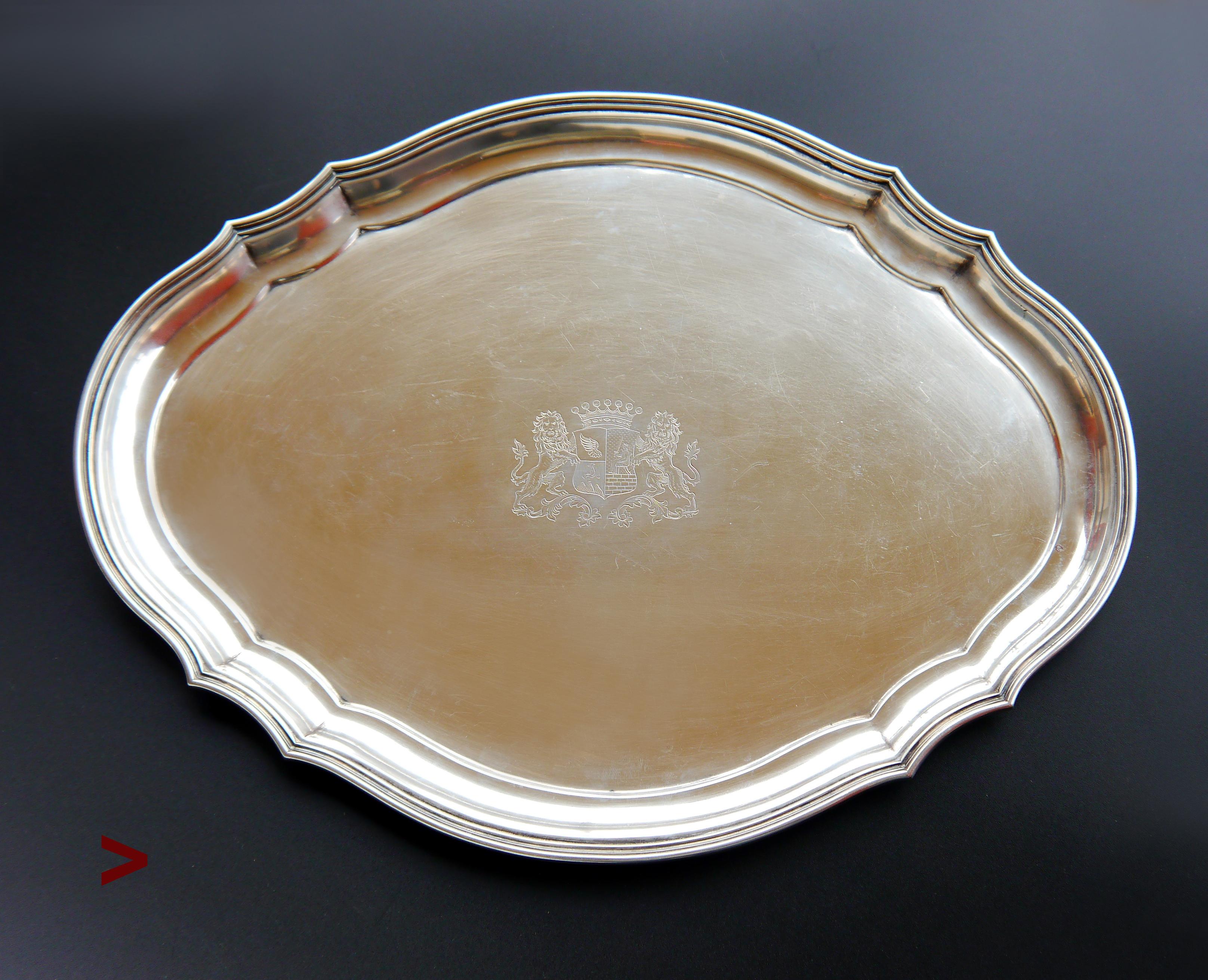 Antique XIX century large-sized German sterling silver Chippendale serving tray or platter with Chippendale type borders, skillfully hand engraved with an elaborate triple 7 cm x 5 cm Armorial / family crest surmounted by the crown of a German
