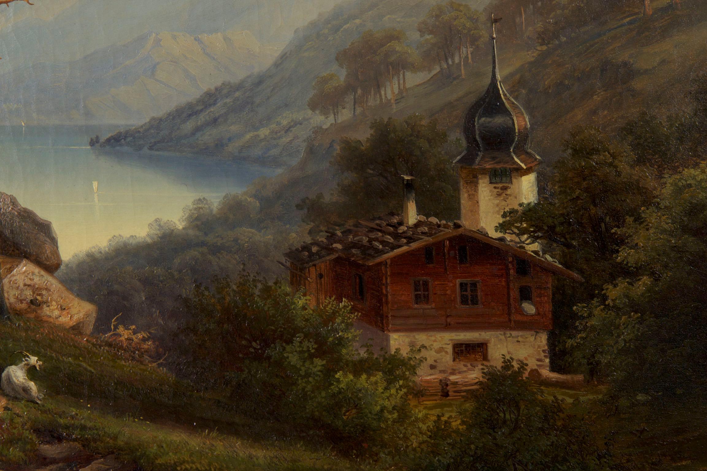 Antique German Landscape Oil Painting of Chalet on Lake by Hermann Seefisch 8