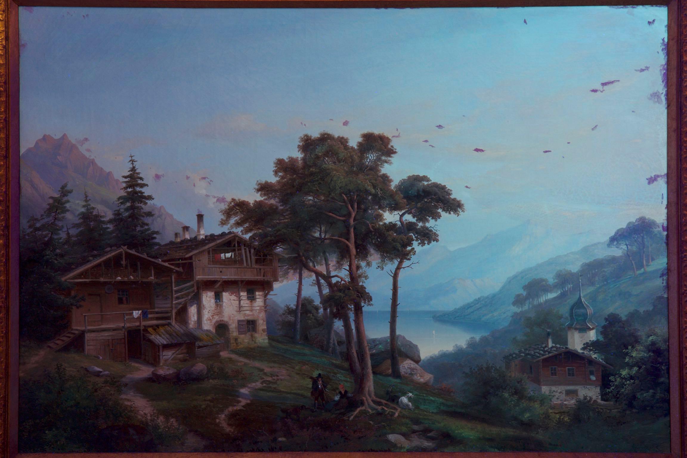 Antique German Landscape Oil Painting of Chalet on Lake by Hermann Seefisch 10