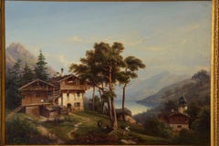 Antique German Landscape Oil Painting of Chalet on Lake by Hermann Seefisch