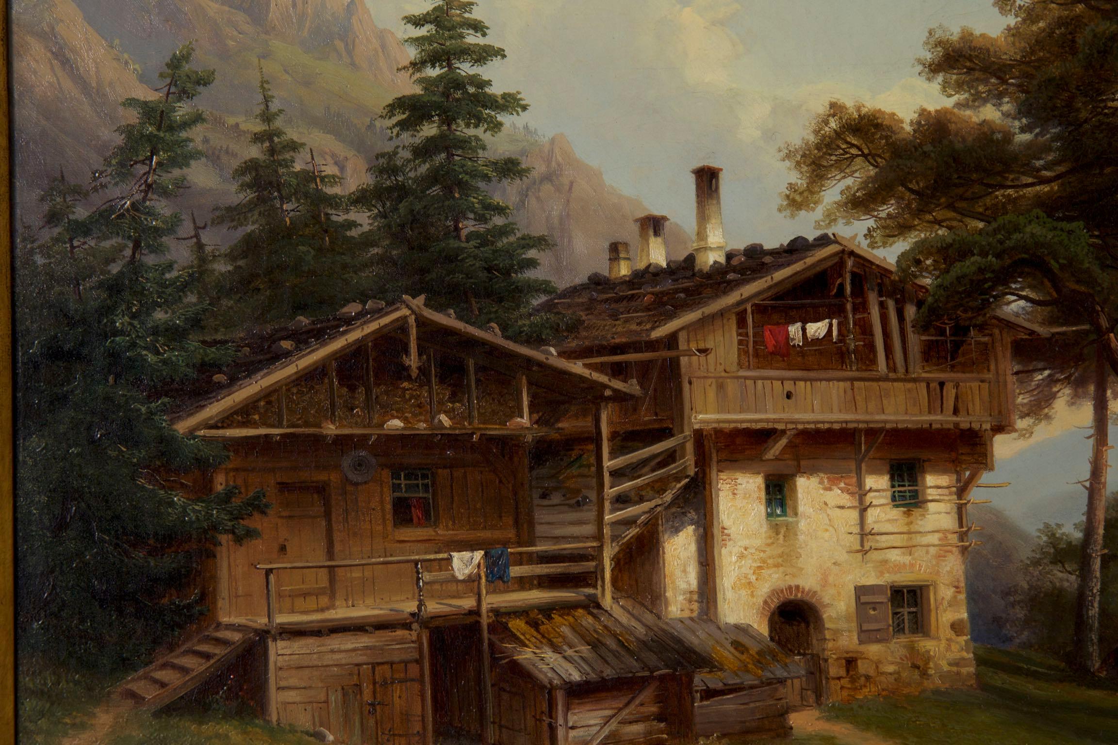 Hand-Painted Antique German Landscape Oil Painting of Chalet on Lake by Hermann Seefisch