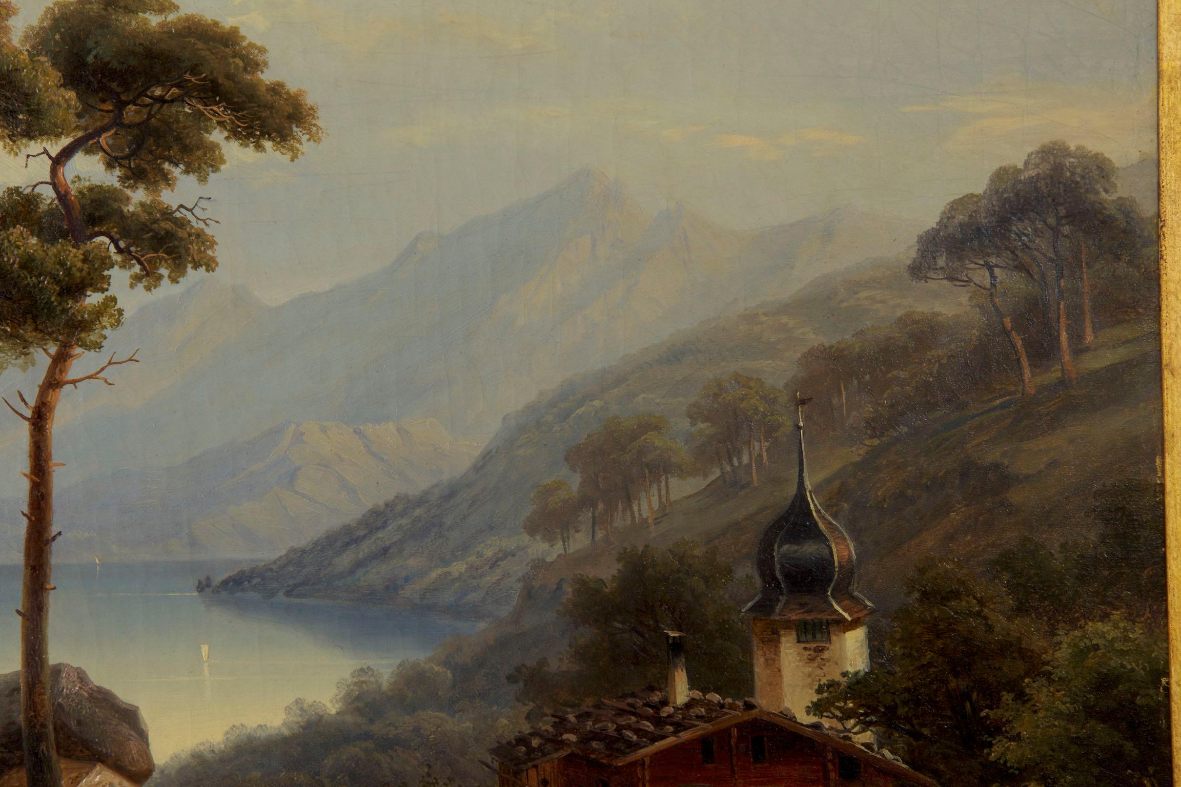 19th Century Antique German Landscape Oil Painting of Chalet on Lake by Hermann Seefisch