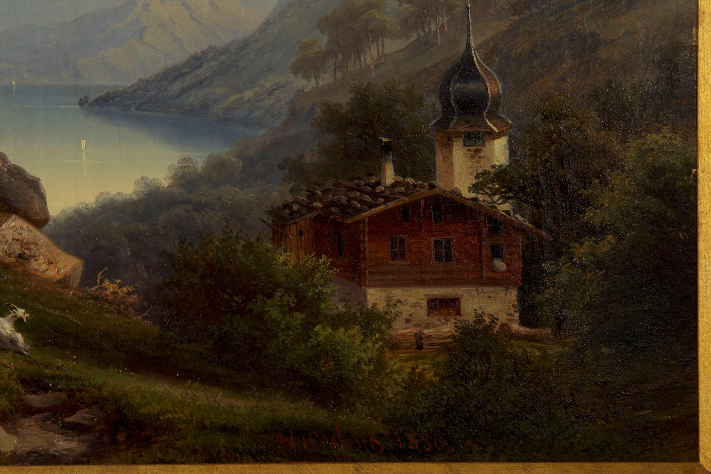 Canvas Antique German Landscape Oil Painting of Chalet on Lake by Hermann Seefisch