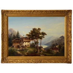 Antique peinture à l'huile allemande de paysage d'un chalet sur un lac par Hermann Seefisch