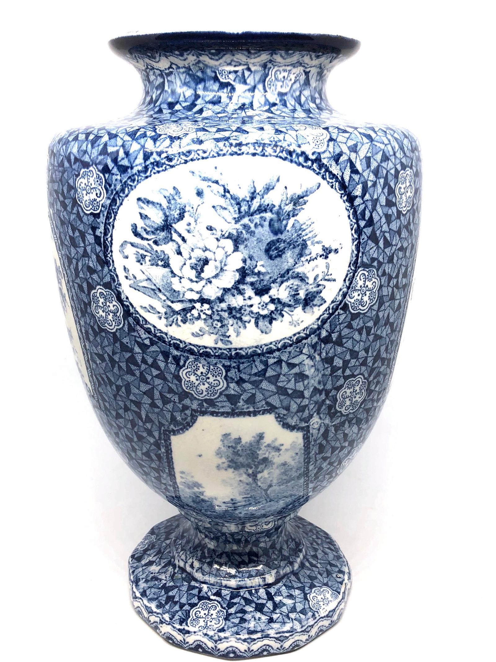 Antique German Large Footed Transferware Scenic Vase, 1890s In Good Condition In Nuernberg, DE