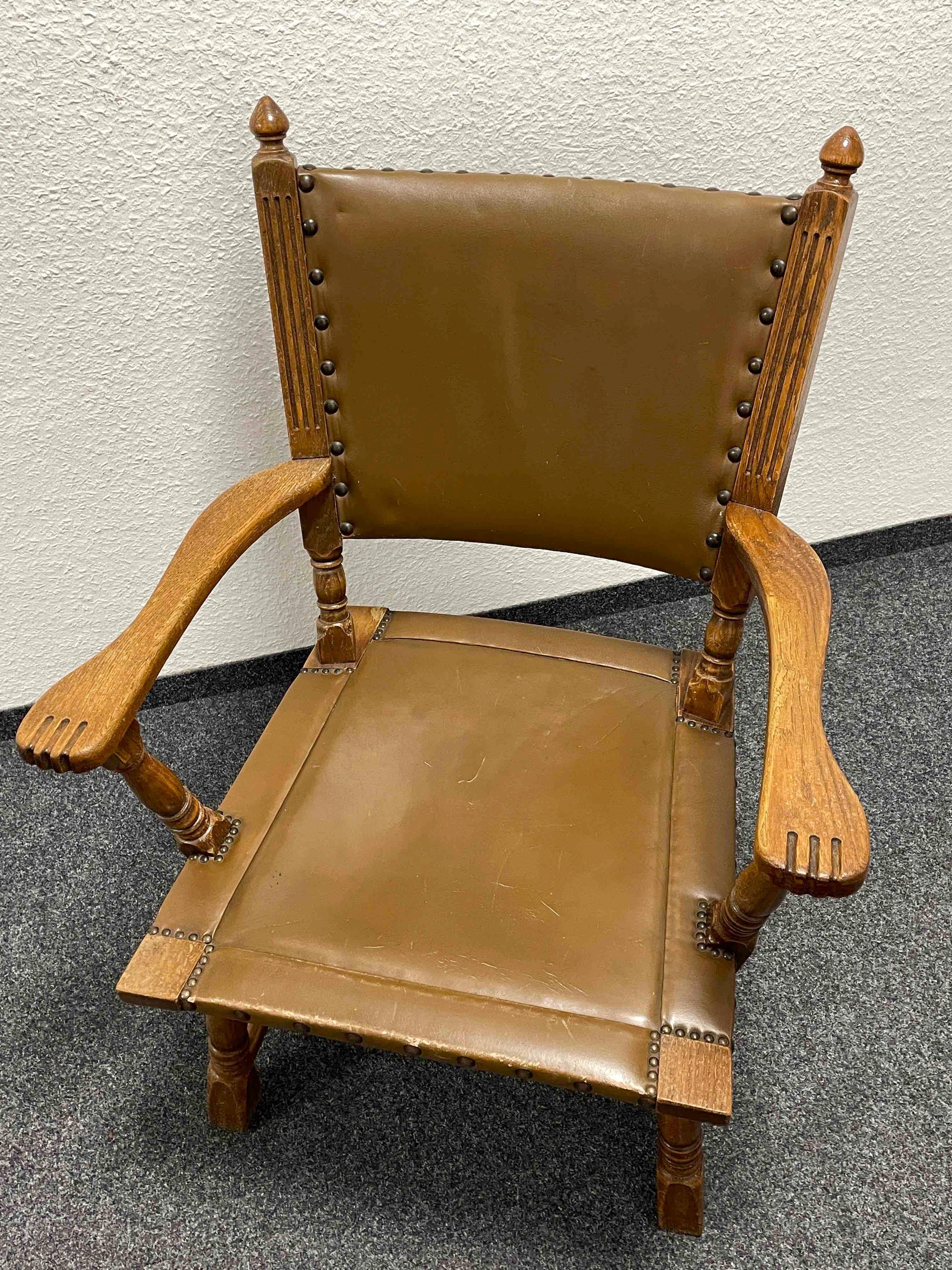 Antique German Leather & Wood Armchair with Brass Nailhead Details For Sale 3