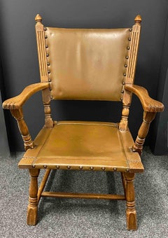 Antique German Leather & Wood Armchair with Brass Nailhead Details