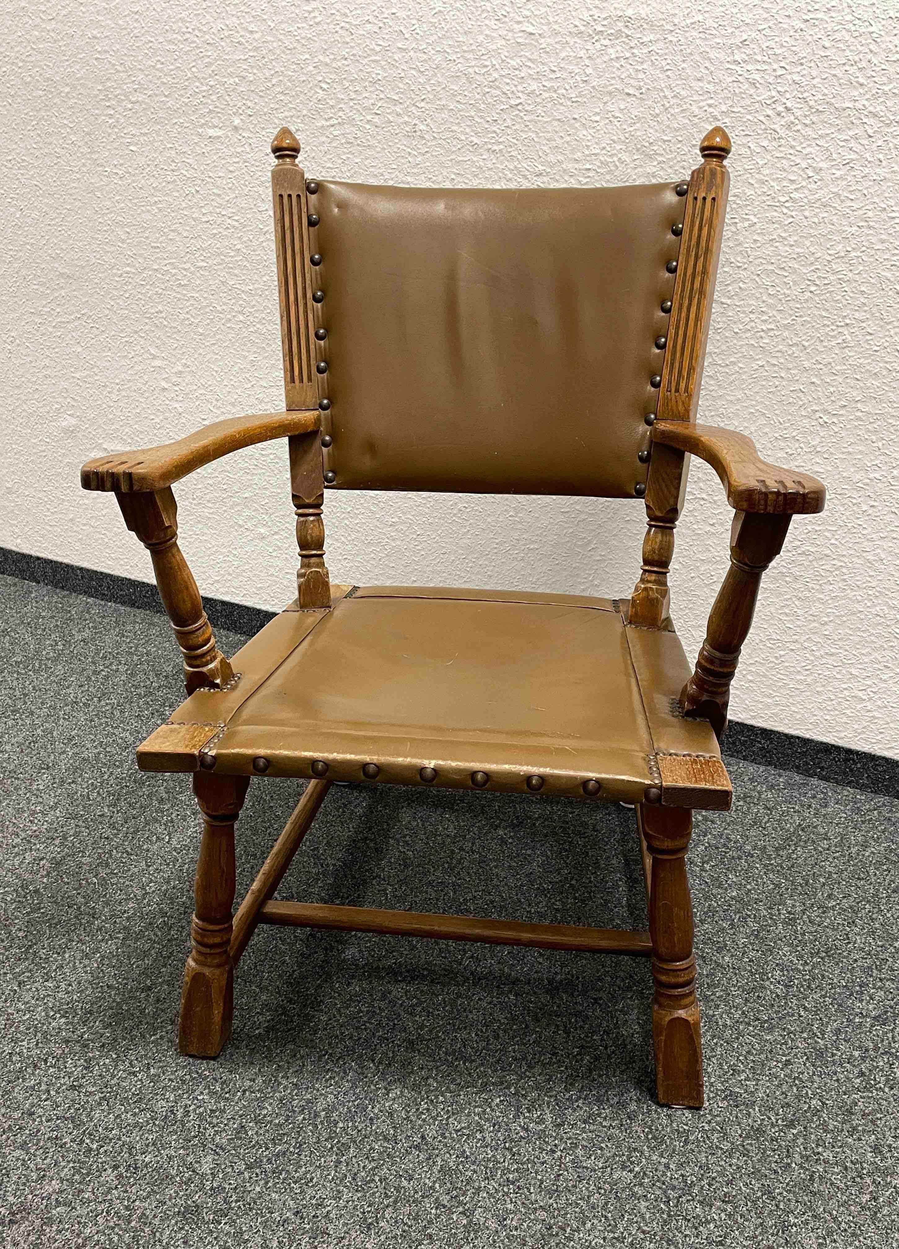 Hand-Crafted Antique German Leather & Wood Armchair with Brass Nailhead Details For Sale