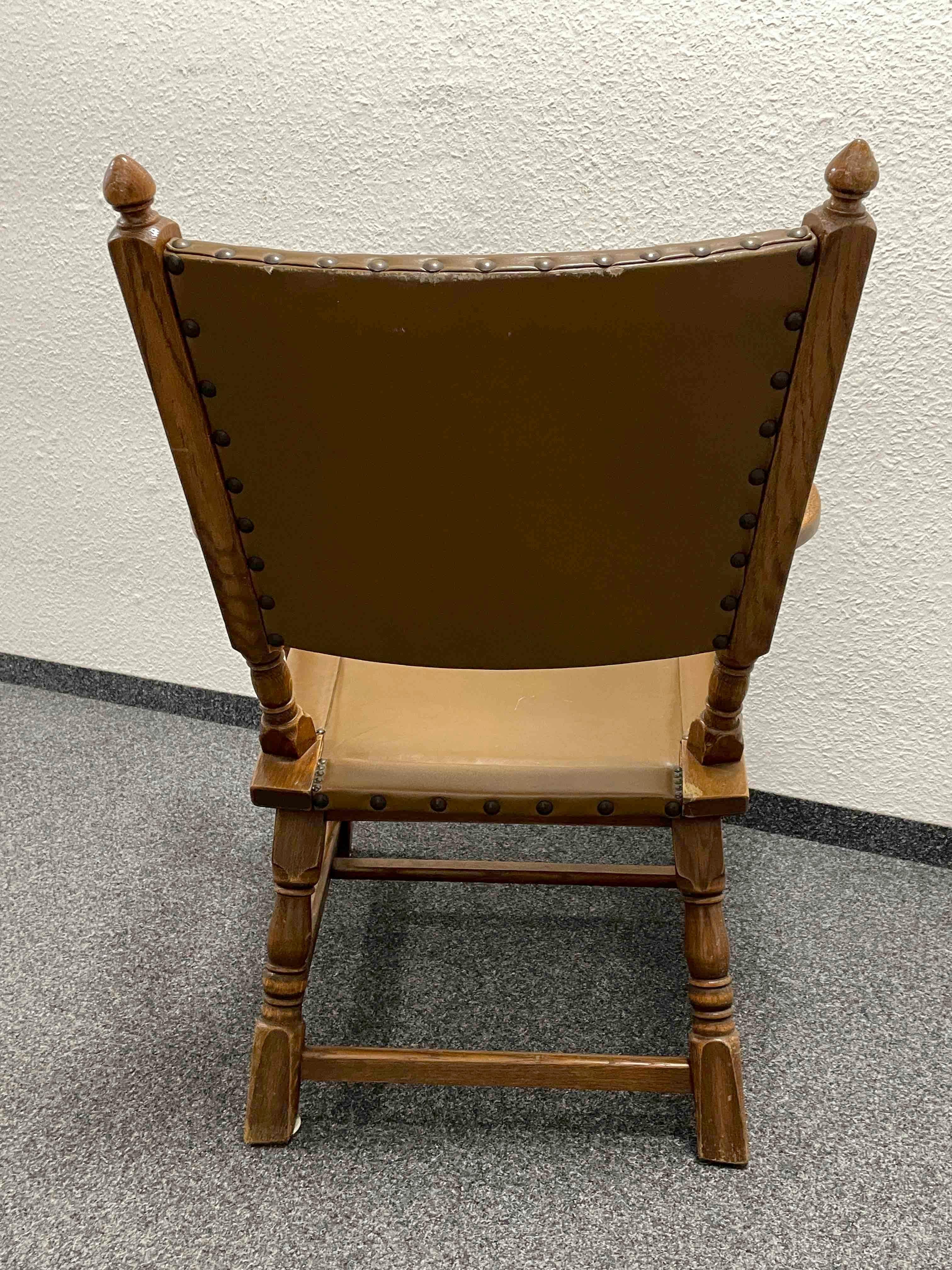 Nutwood Antique German Leather & Wood Armchair with Brass Nailhead Details For Sale