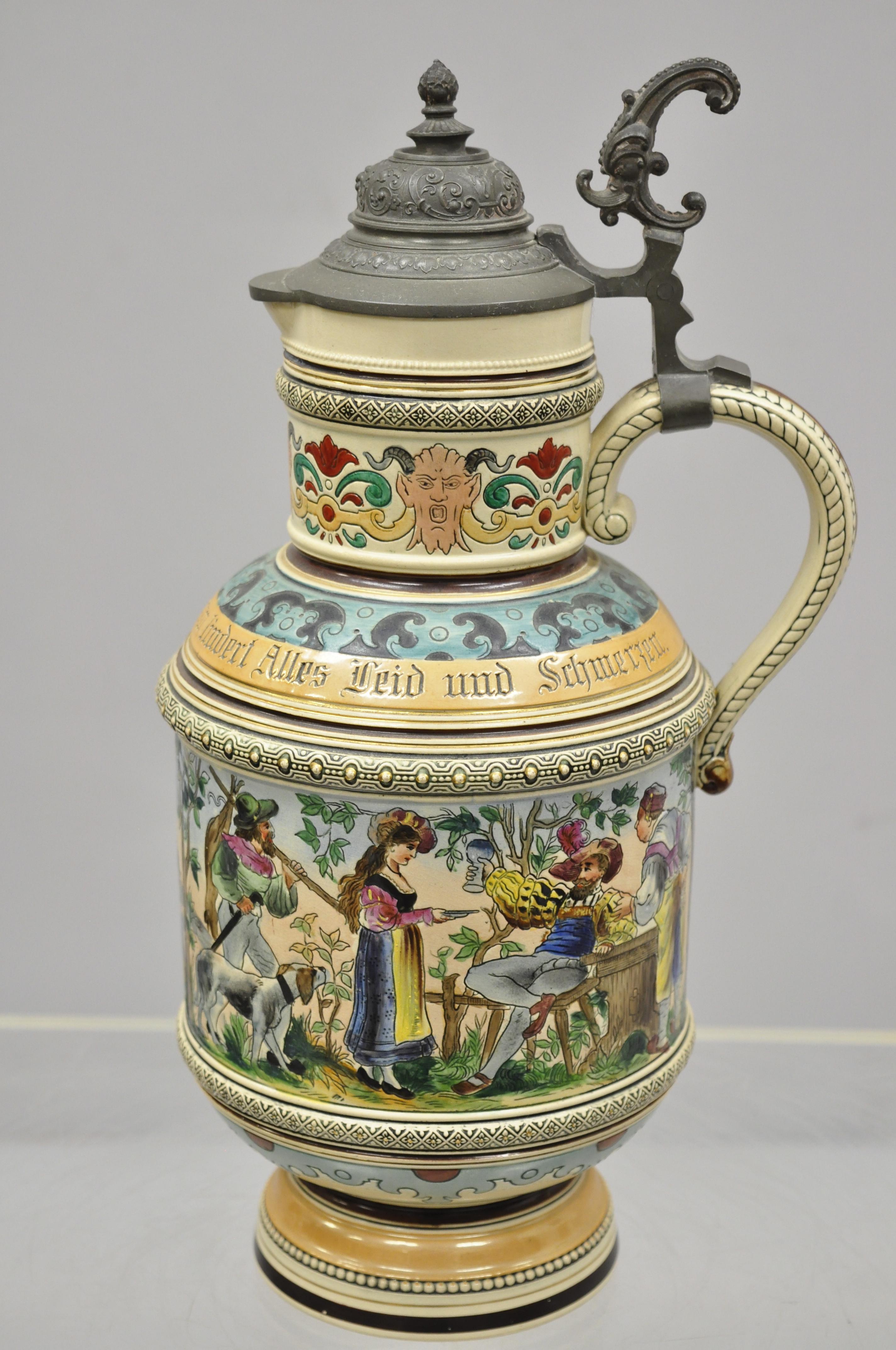 Antique German lidded beer stein 7 piece set by Marzi and Remy #979 Cavalier. Set includes (6) pewter lidded. 4L beer steins, (1) large lidded pitcher, finely decorated scenes of a jovial Cavalier being served. Set has been made in the 