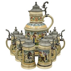 Antique German Lidded Beer Stein 7-Piece Set by Marzi and Remy #979 Cavalier