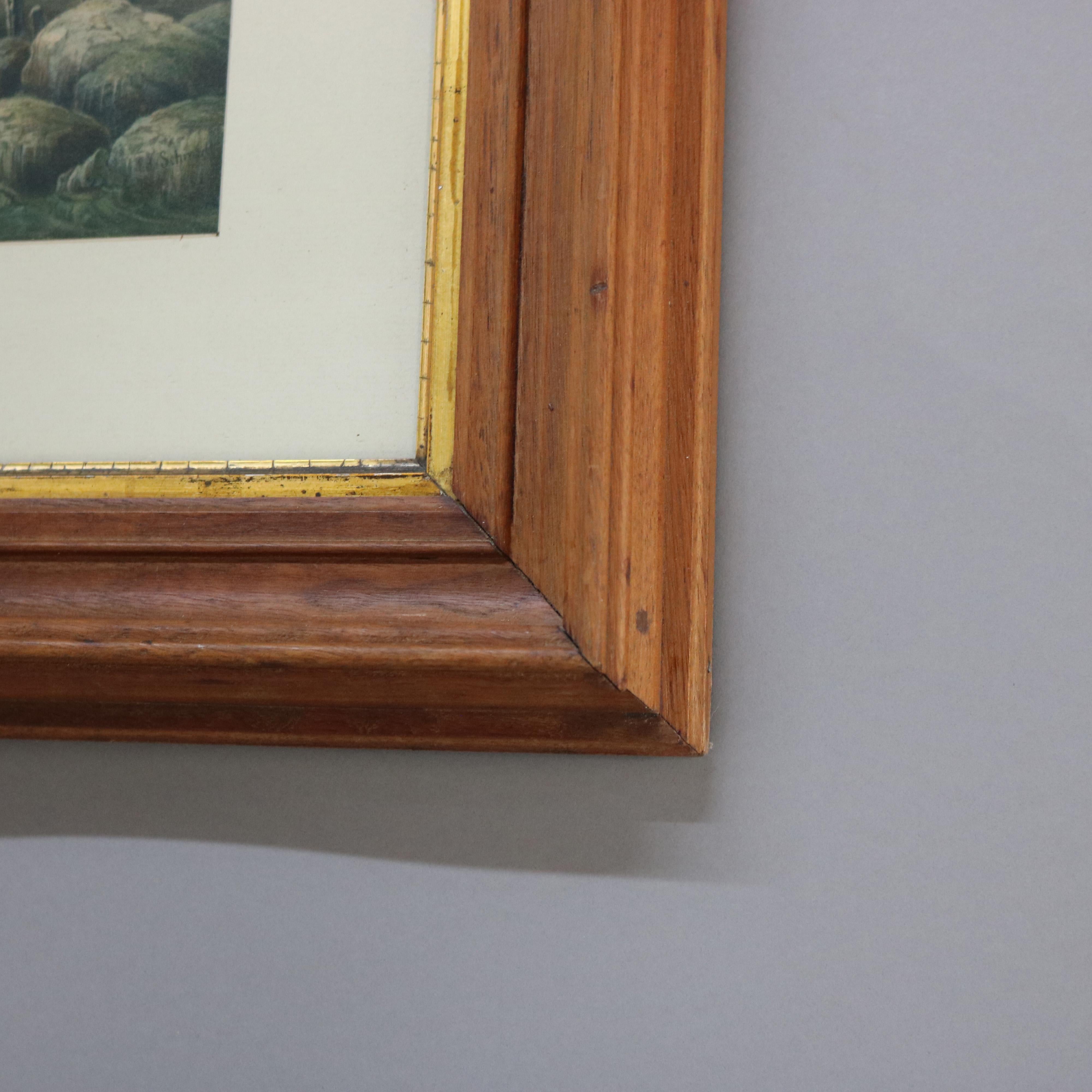 Antique German Lighthouse Seascape Print with Parcel Gilt Walnut Frame 19thC In Good Condition For Sale In Big Flats, NY