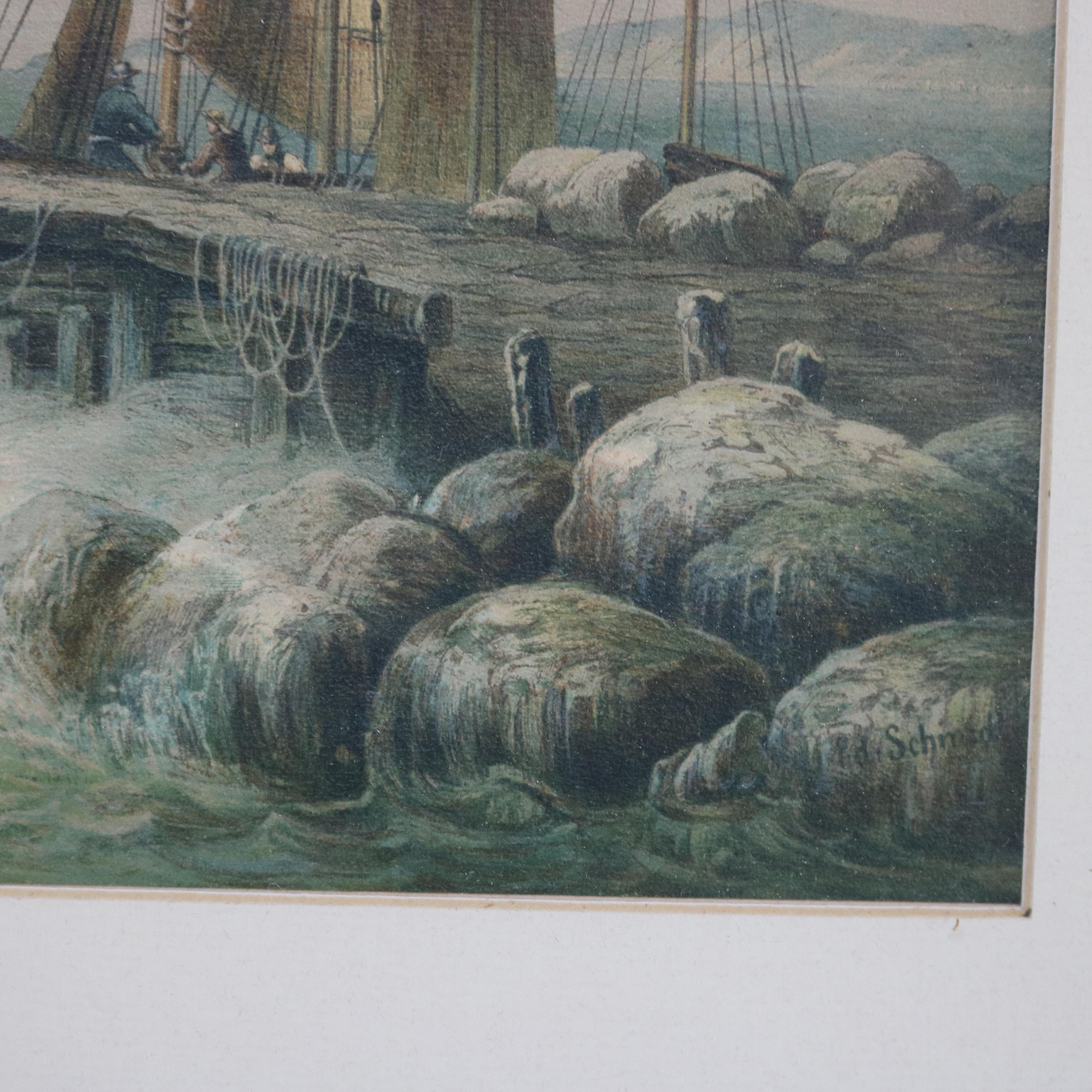 19th Century Antique German Lighthouse Seascape Print with Parcel Gilt Walnut Frame 19thC For Sale