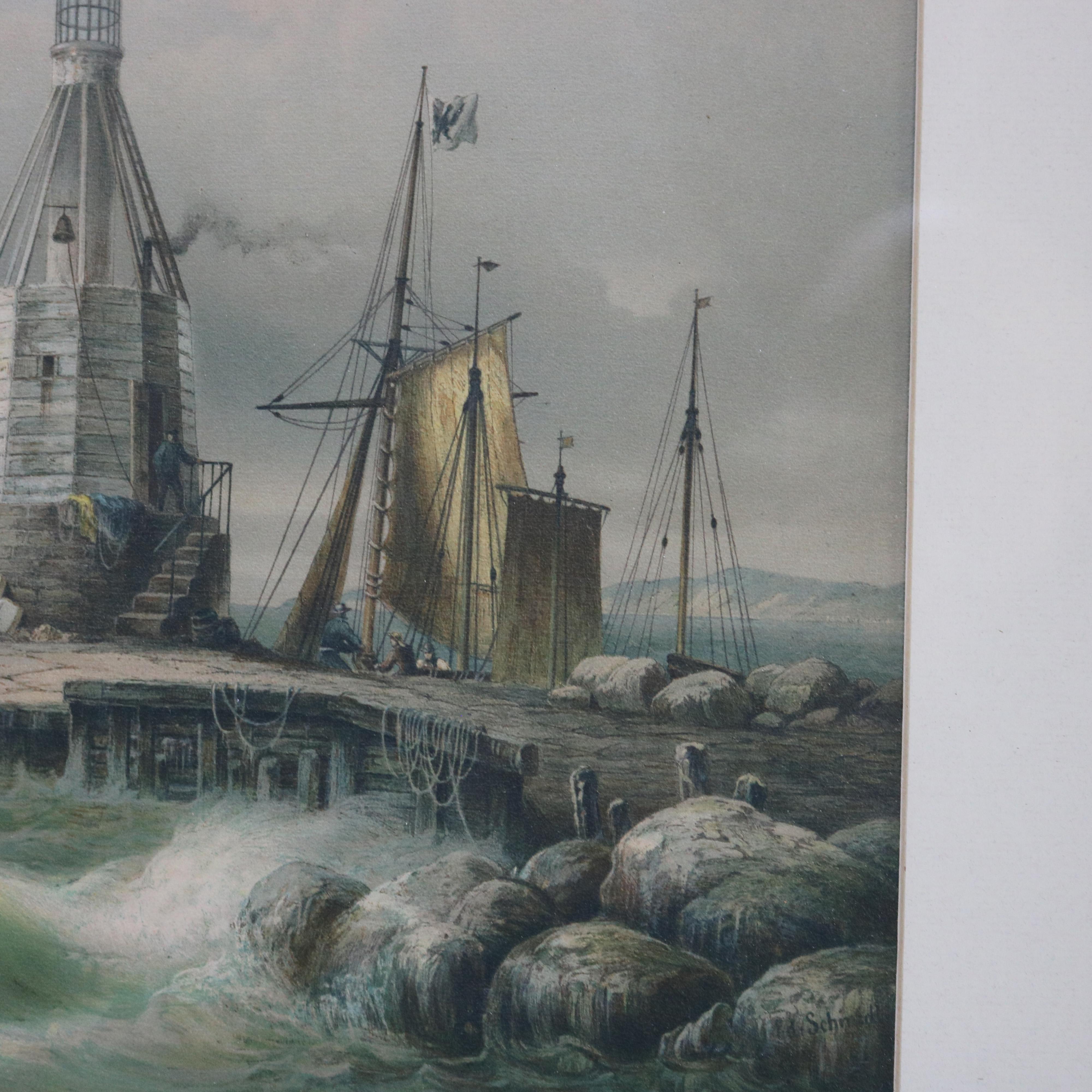 Antique German Lighthouse Seascape Print with Parcel Gilt Walnut Frame 19thC For Sale 1