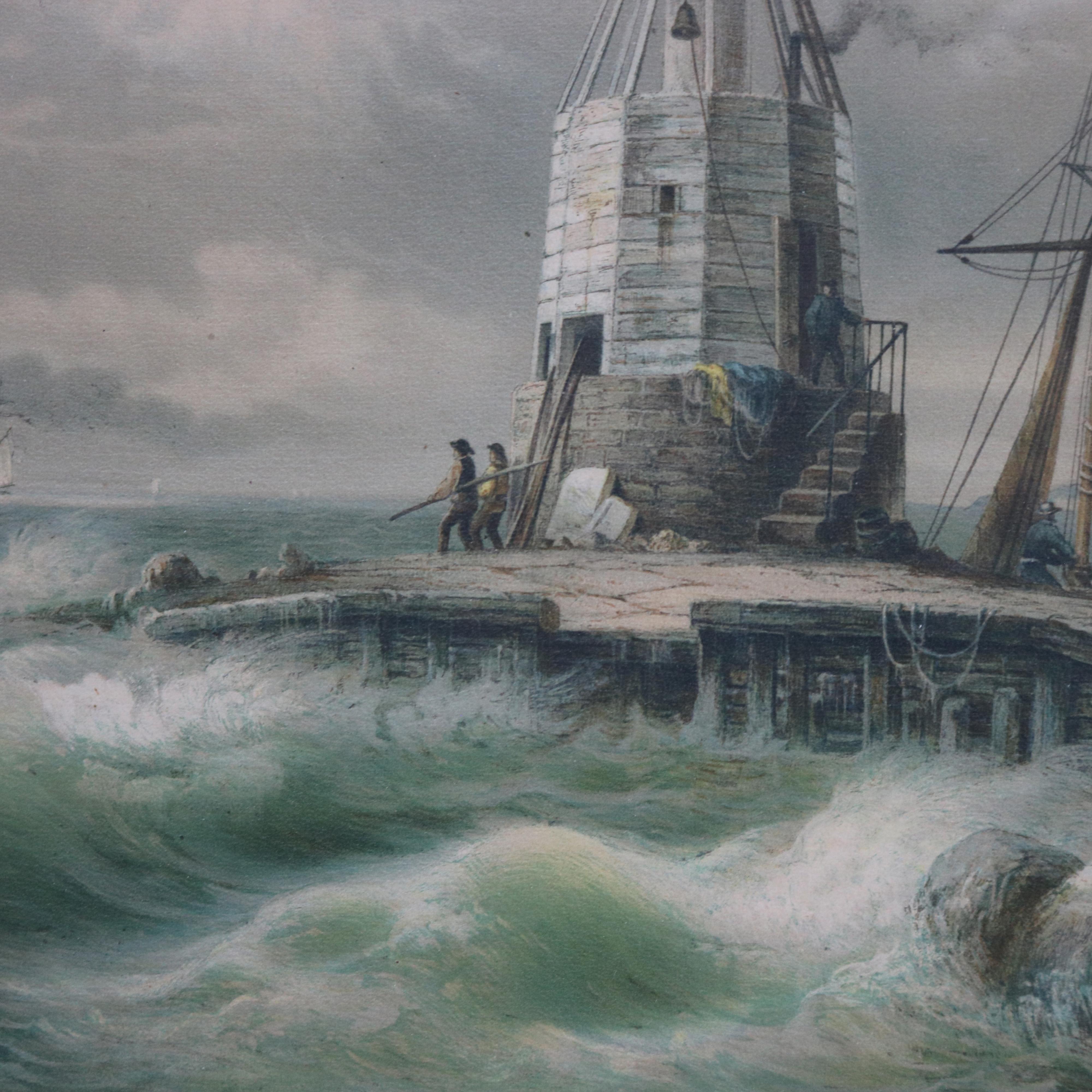 Antique German Lighthouse Seascape Print with Parcel Gilt Walnut Frame 19thC For Sale 2