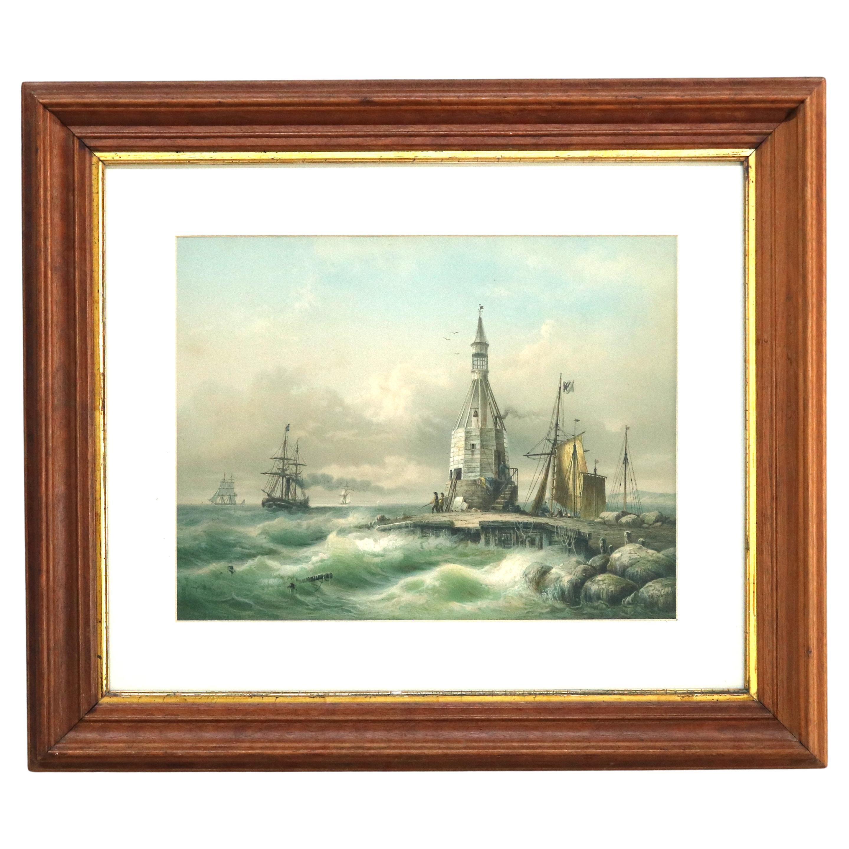 Antique German Lighthouse Seascape Print with Parcel Gilt Walnut Frame 19thC For Sale