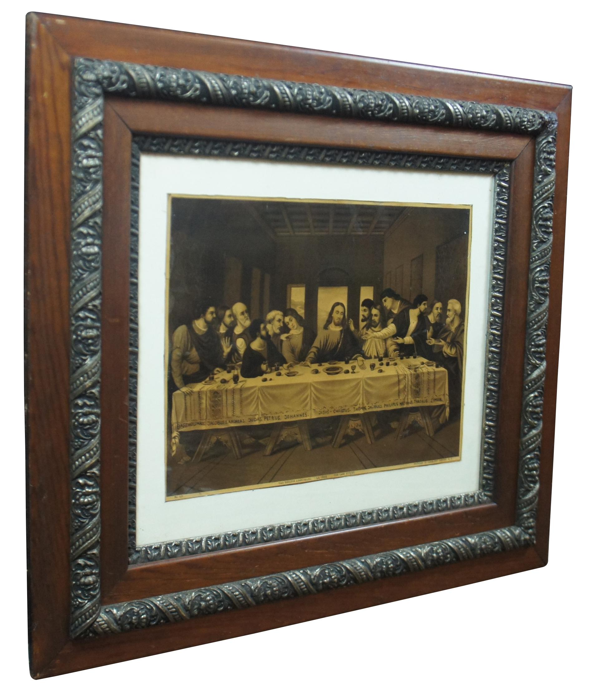 Renaissance Antique German Lithograph Print After R. Tesar the Last Supper Oak Frame