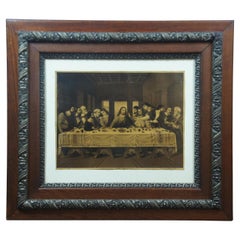 Antique German Lithograph Print After R. Tesar the Last Supper Oak Frame