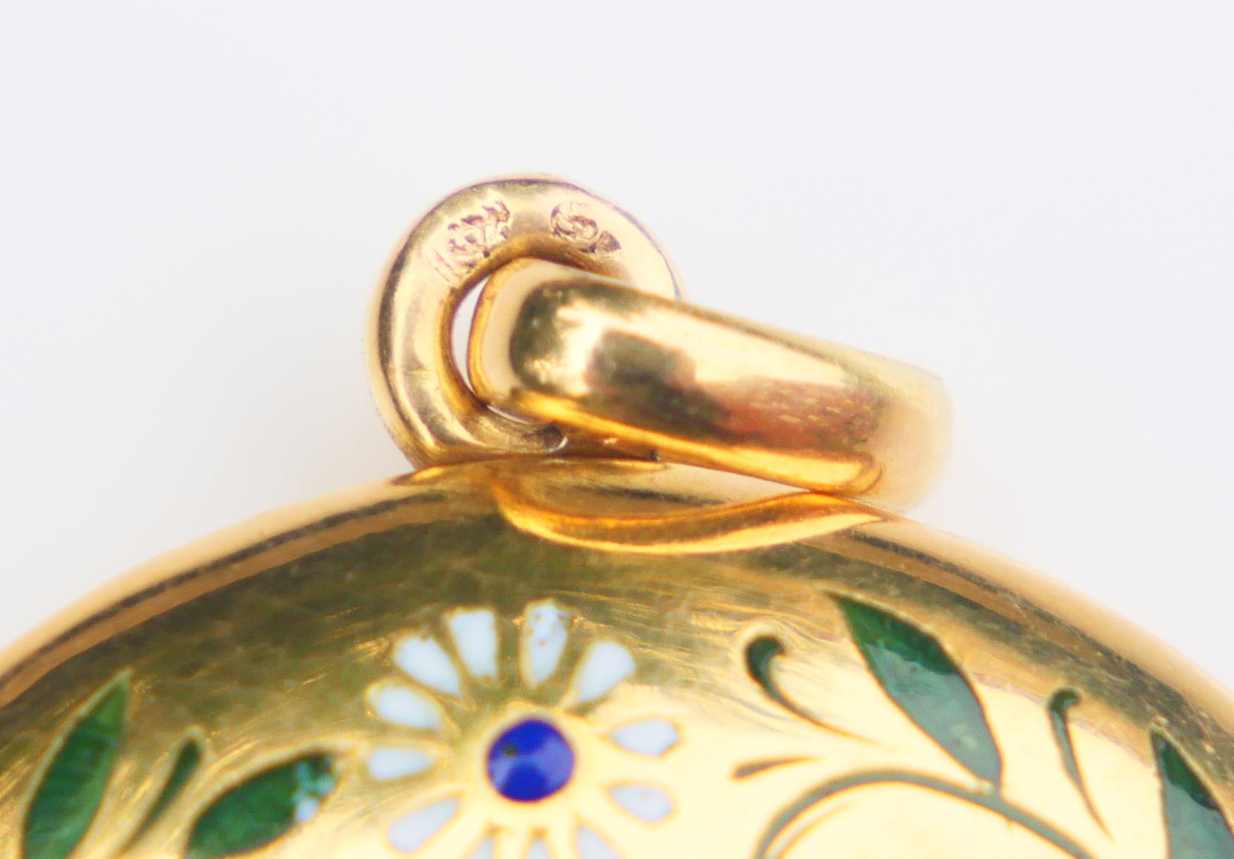 Antiker Medaillon-Anhänger  Floral Emaille massiv 18K Gelbgold / 10gr im Angebot 7