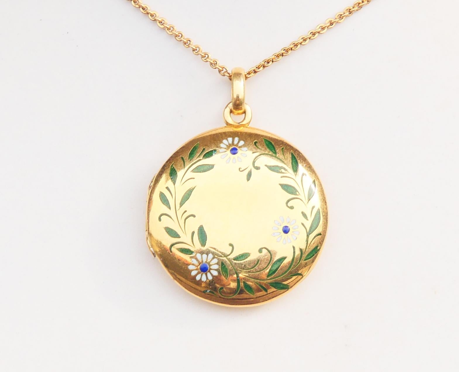 Antiker Medaillon-Anhänger  Floral Emaille massiv 18K Gelbgold / 10gr Damen im Angebot