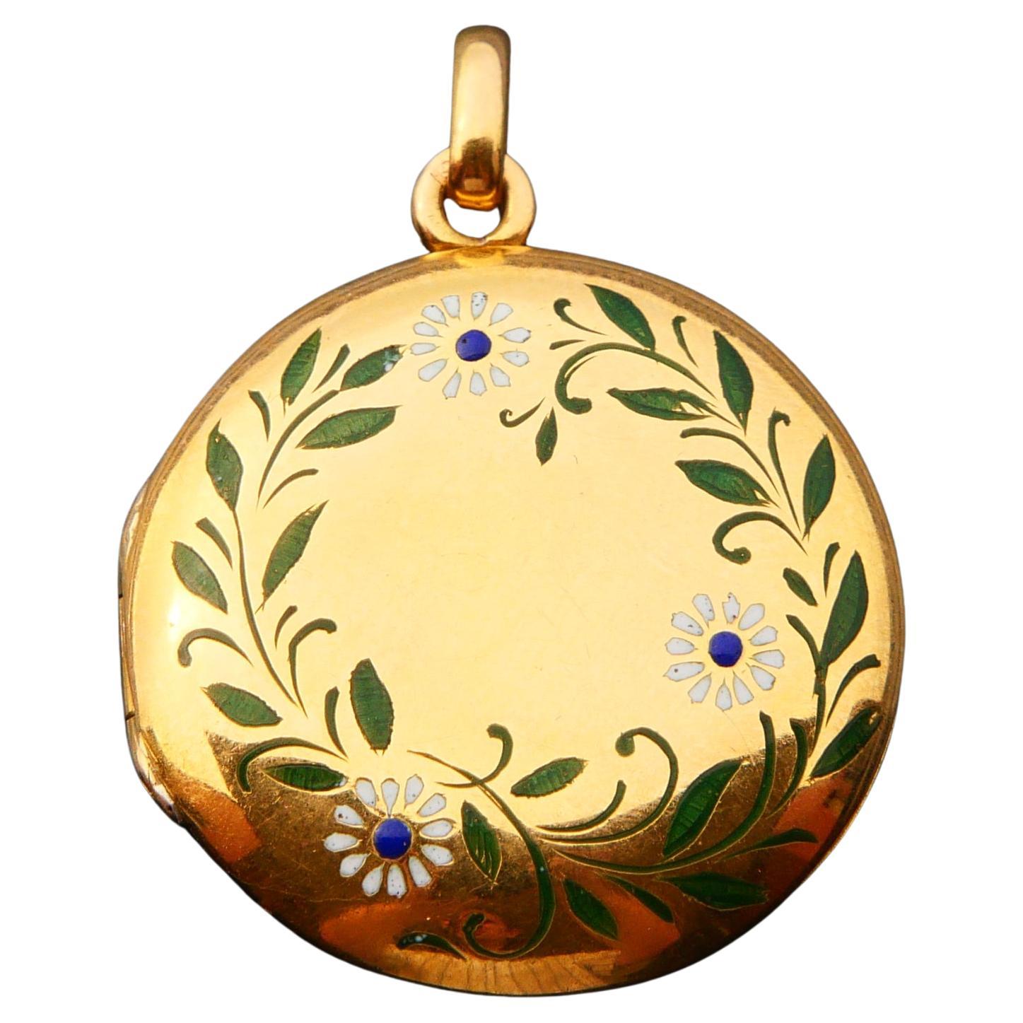 Colgante Relicario Antiguo  Esmalte Floral macizo Oro Amarillo 18K / 10gr