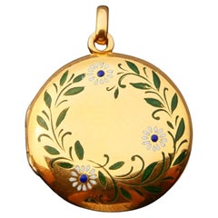 Antique Locket Pendant  Floral Enamel solid 18K Yellow Gold / 10gr