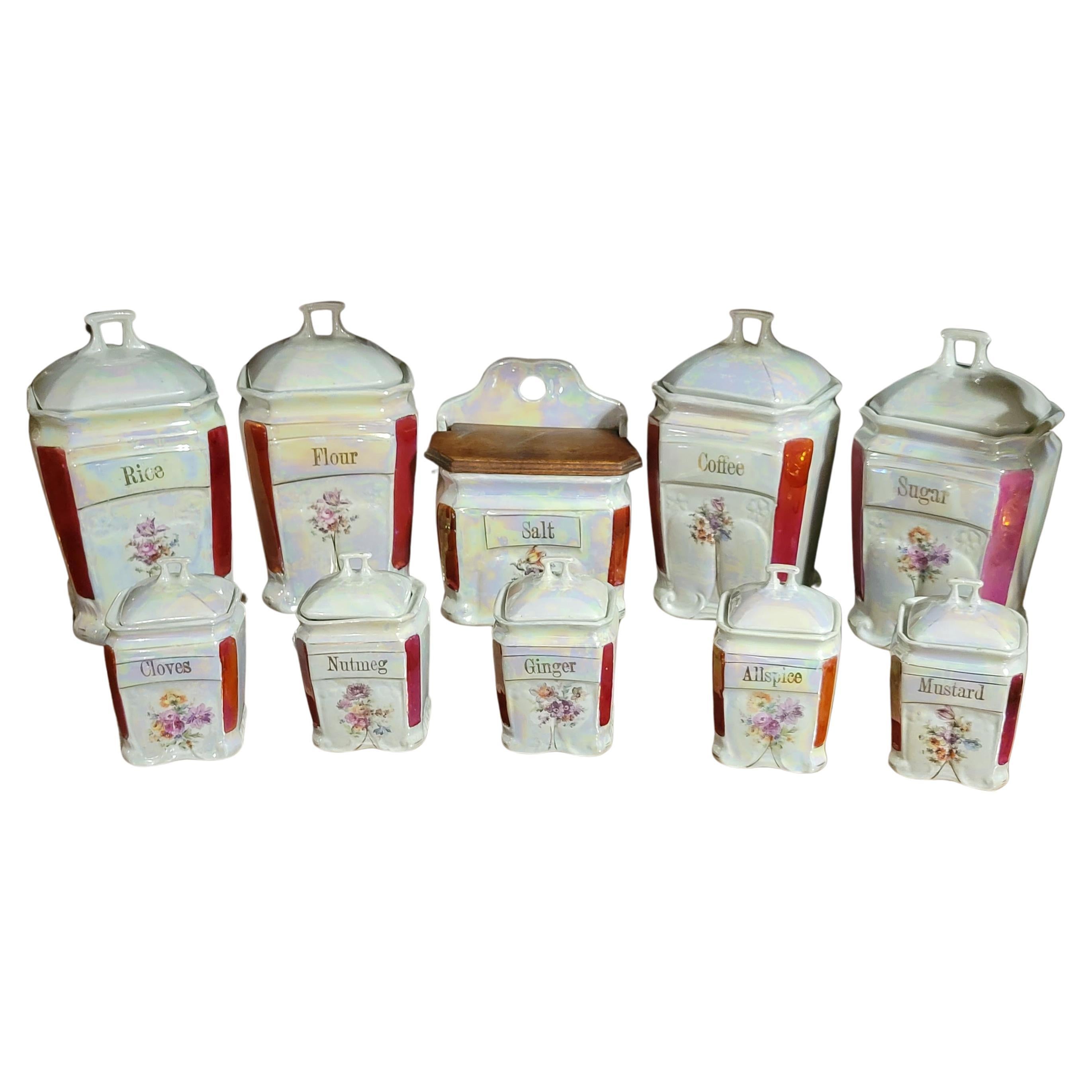A Set of (10) Antique German Lusterware Porcelain Kitchen Canisters
