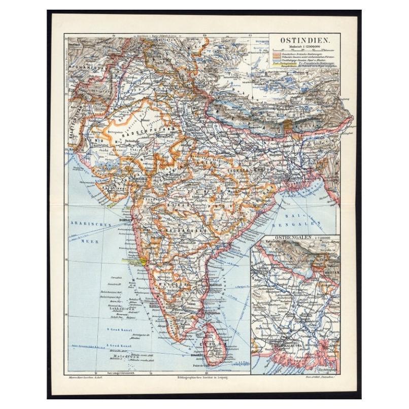 Carte allemande ancienne d'Inde et du Sri Lanka ou de Ceylan, 1902