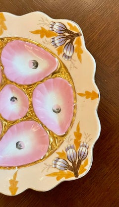 Antique German Marx & Gutherz Peach & Pink Porcelain Square Shaped Oyster Plate.