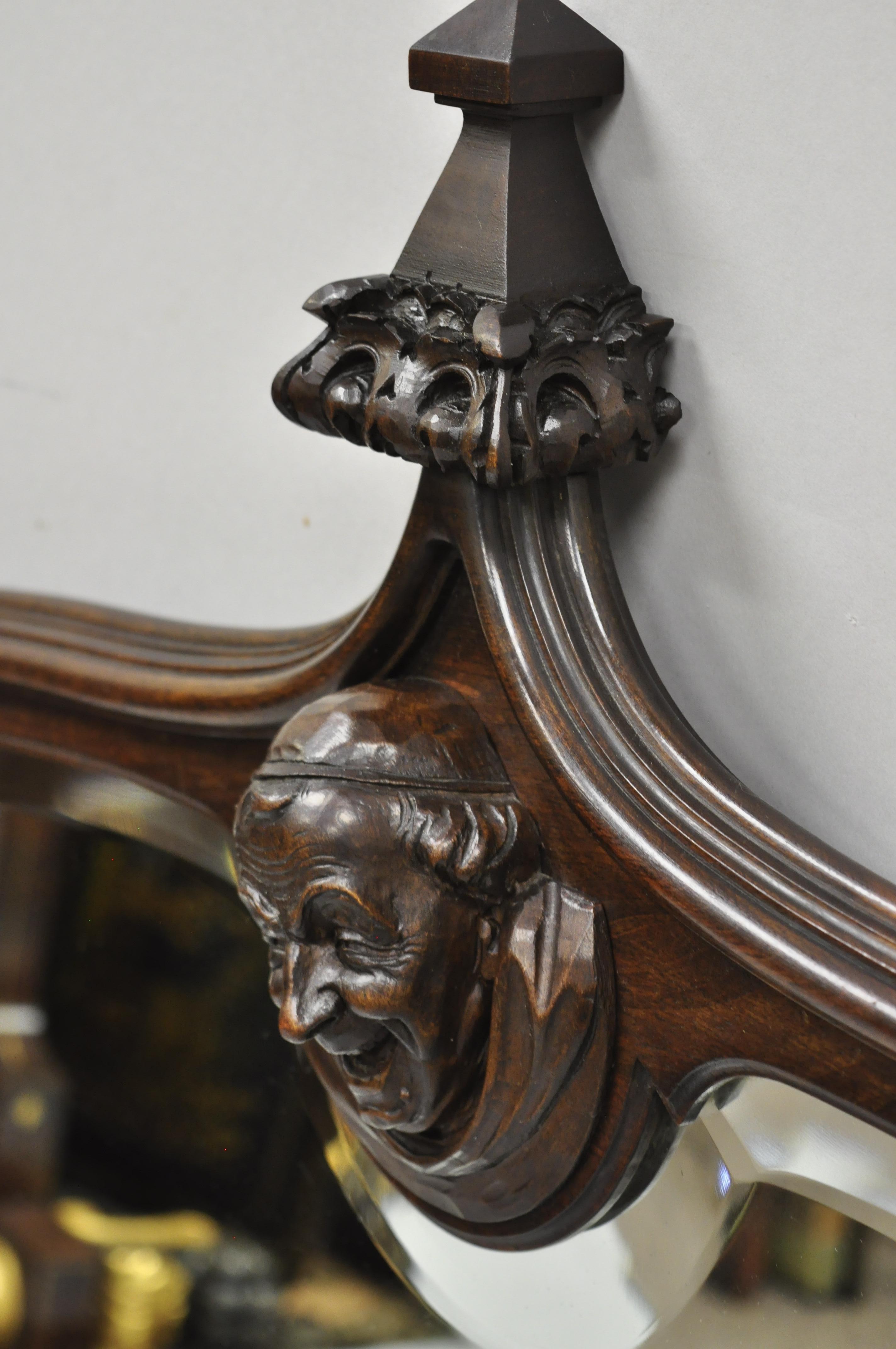 German Medieval over Mantel Mirror with Carved Medieval Monk Face to Crest 1