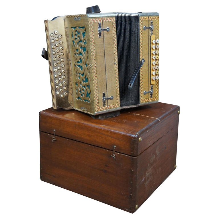 Antique German Meinel and Herold Inlaid MOP Button Accordion Music Box and Case For Sale at