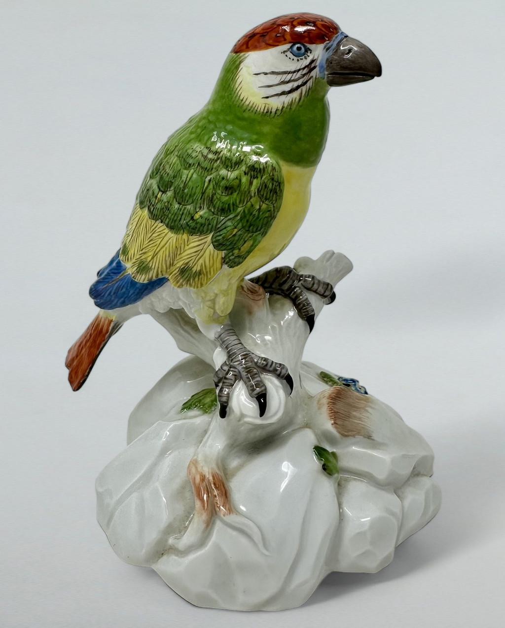 Very Stylish German Meissen Glazed Porcelain Parrot of exceptional quality, last quarter of the Nineteenth Century. 
Naturalistically modelled and perched on a tree stump above a rocky base with sprouting leafy growth. Decorated in wonderful bright