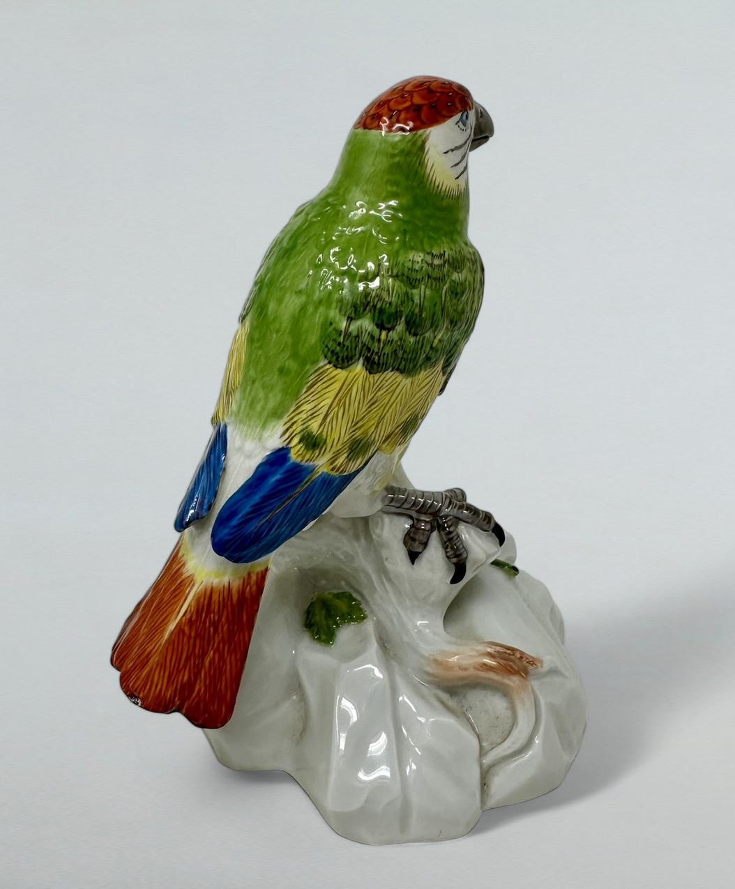 Victorien tardif Antique porcelaine continentale allemande de Meissen perroquet vert oiseau dorée 19ème siècle en vente