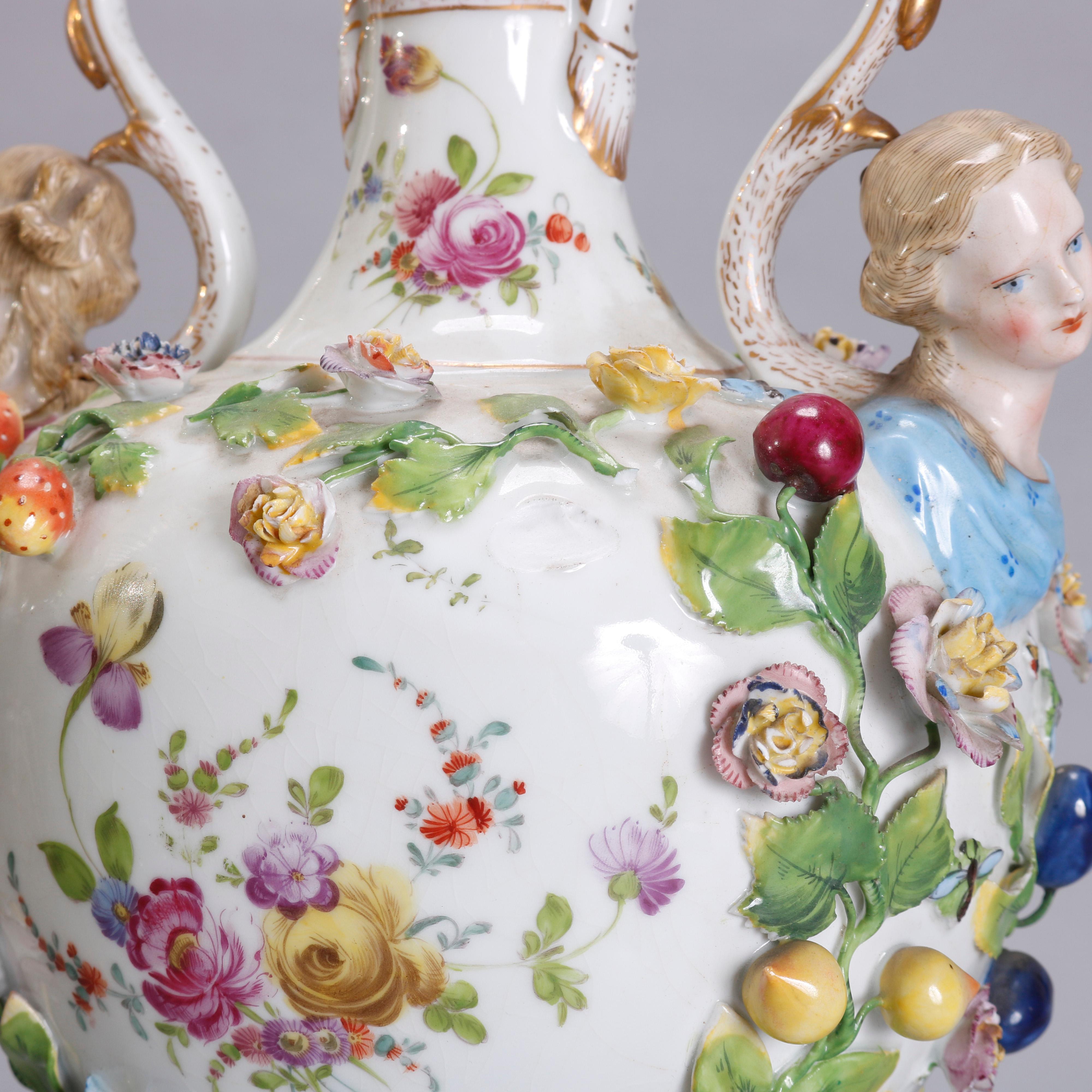 Gilt Antique German Meissen Floral and Figural Porcelain Urn & Pedestal, circa 1890