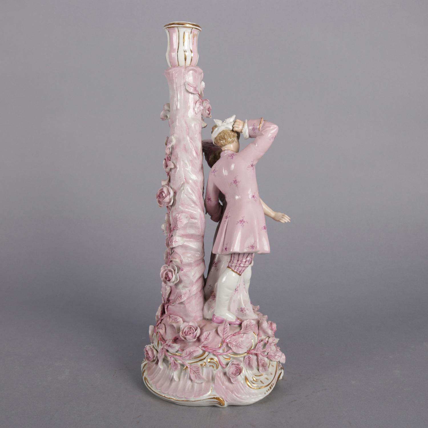 19th Century Antique German Meissen Hand-Painted and Gilt Figural Porcelain Candlestick