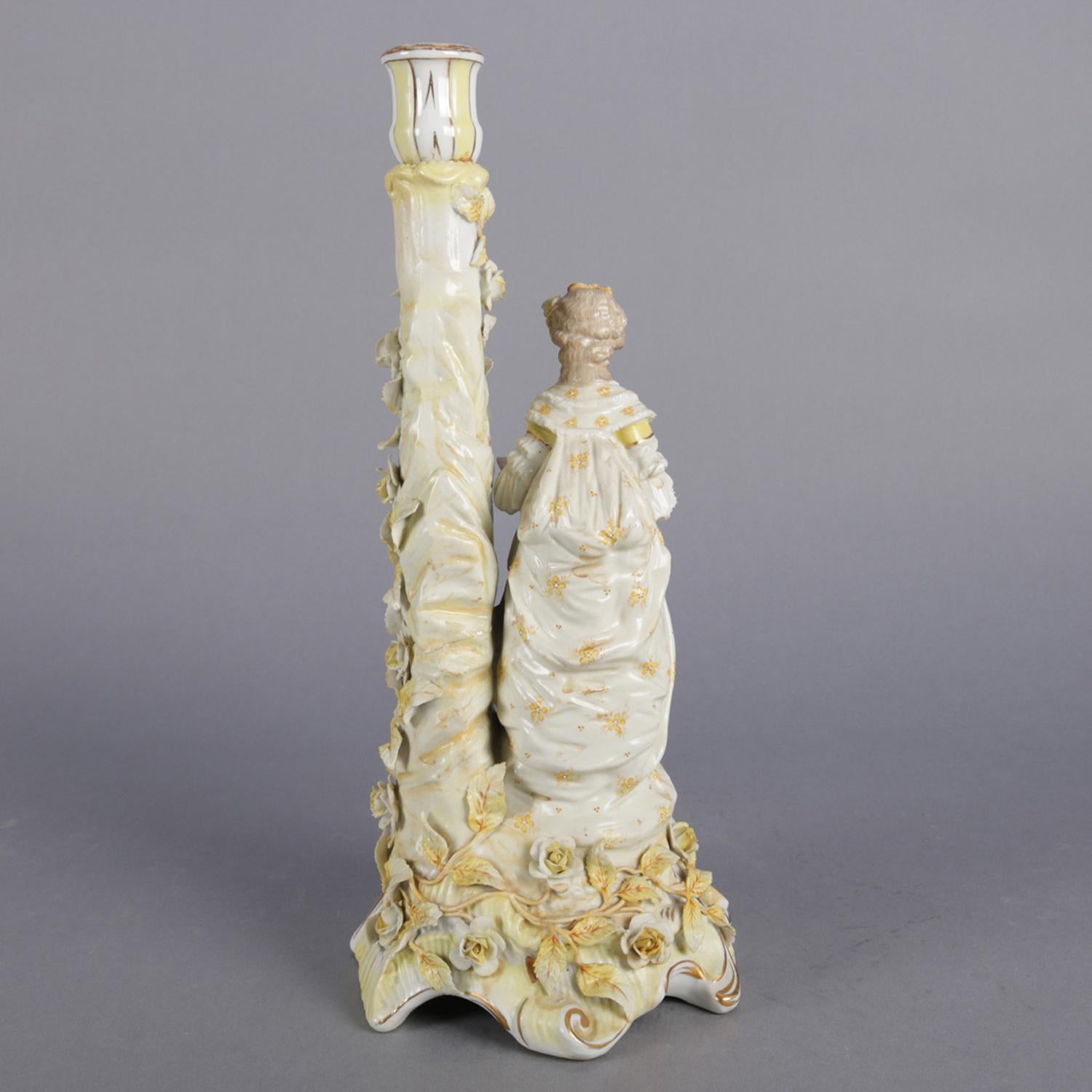 19th Century Antique German Meissen Hand Painted and Gilt Figural Porcelain Candlestick For Sale