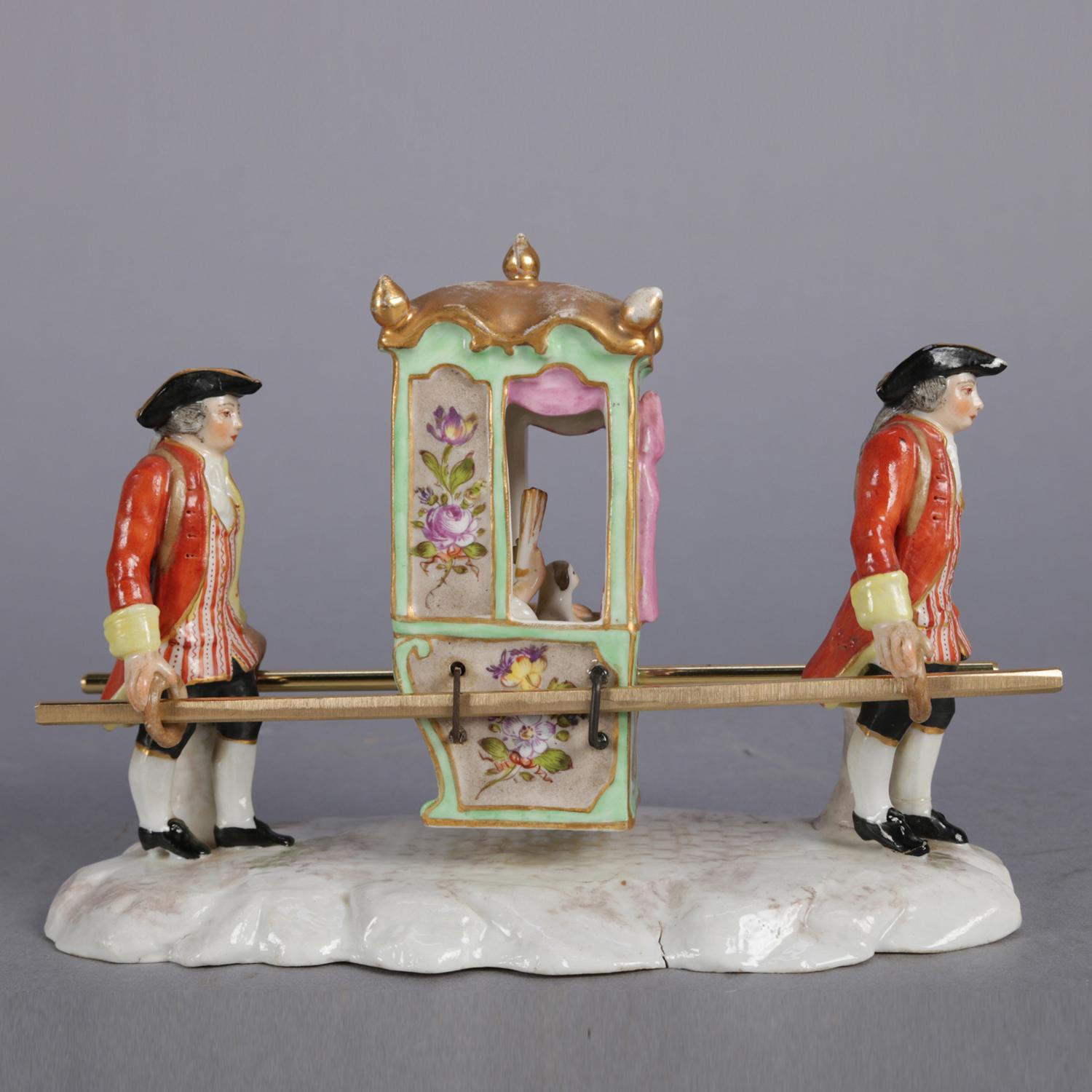 Antique German Meissen Porcelain features hand-painted and gilt figural group including two Colonial carriage handlers carrying a floral decorated litter with female passenger, possibly The Queen, en verso crossed sword Meissen mark, circa